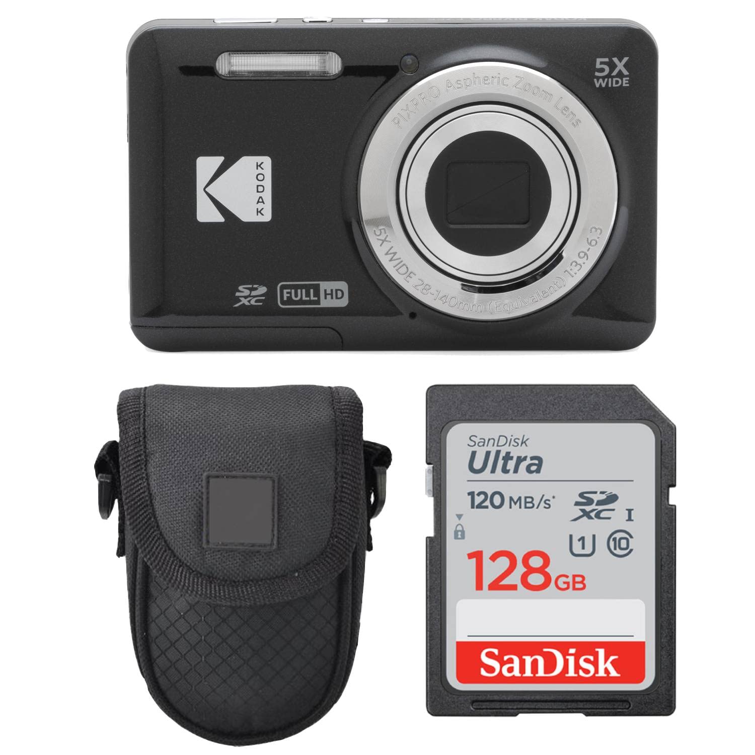Kodak PIXPRO FZ55 Digital Camera 16MP 4X Zoom - Black Point & Shoot Camera with Case & 128GB SD Card - Perfect for Travel, Vlogging & Family Photography
