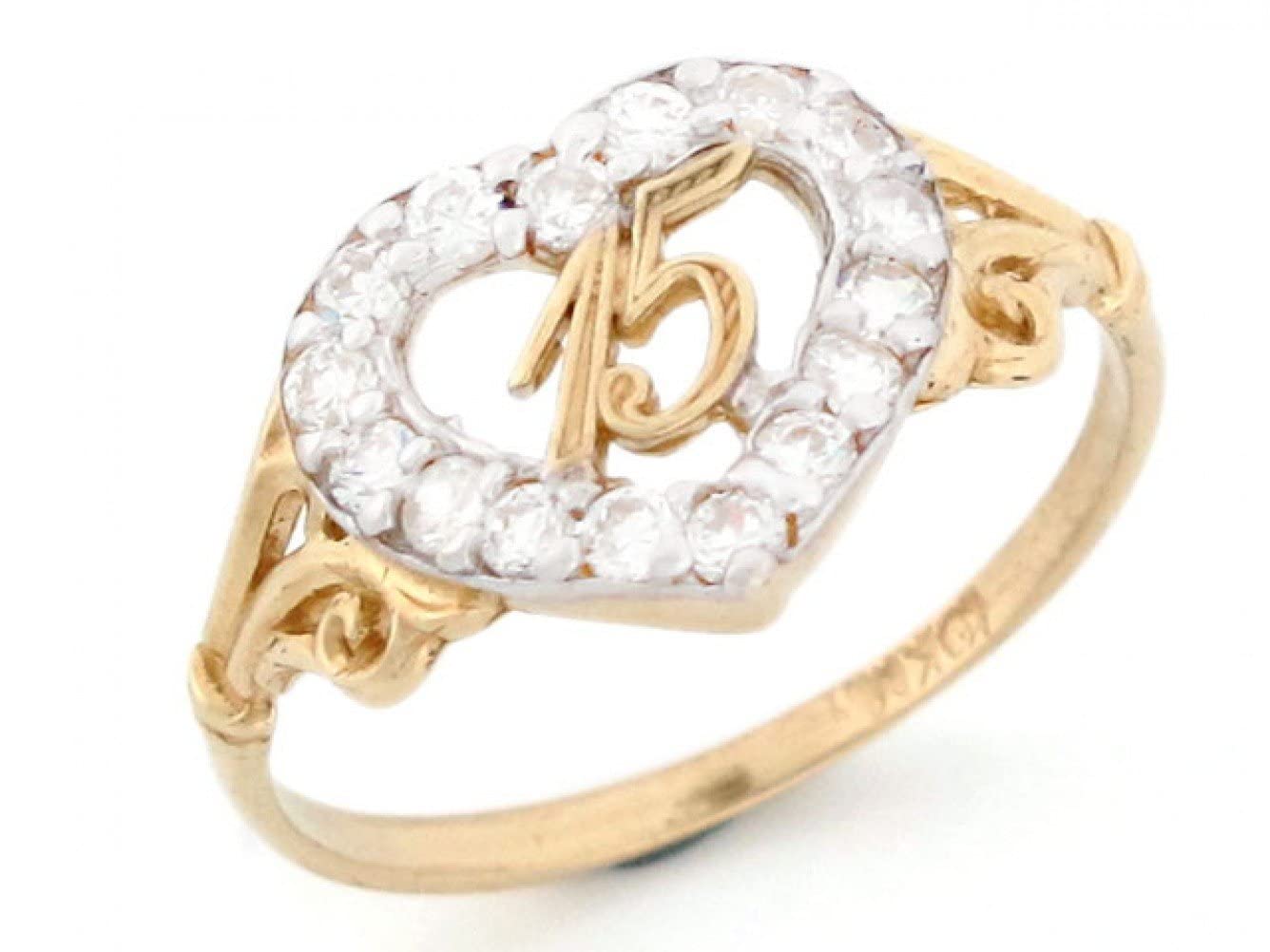 10K Gold 15th Birthday Quinceanera Heart Ring with CZ Stones - Elegant Jewelry Gift for Sweet 16, Teen Girls & Women (Perfect for Birthday Parties, Prom, Graduation & Special Occasions)