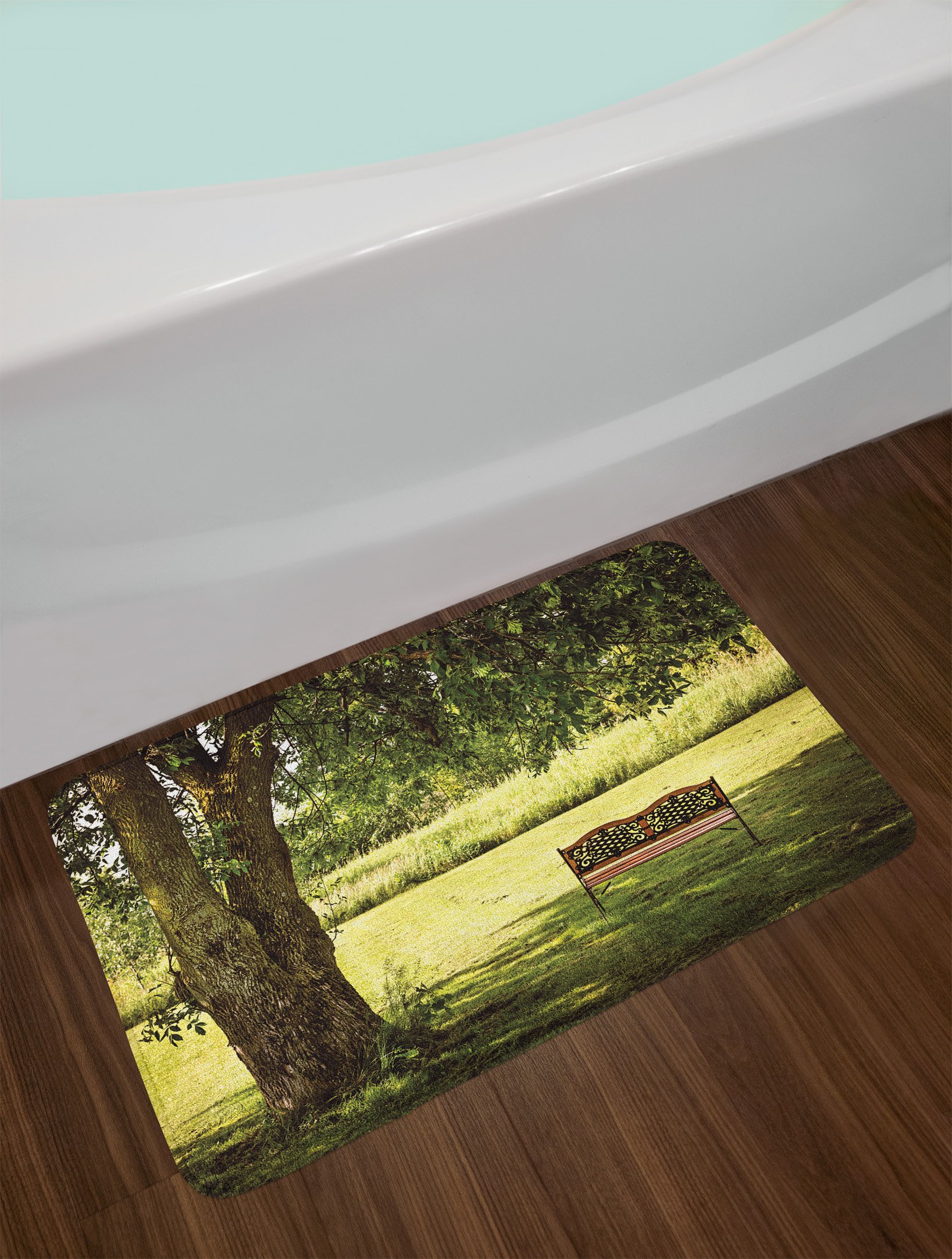 Ambesonne Tree Bath Mat - Non-Slip Plush Bathroom Rug with Wooden Bench Under Shady Big Tree Design, 30.2