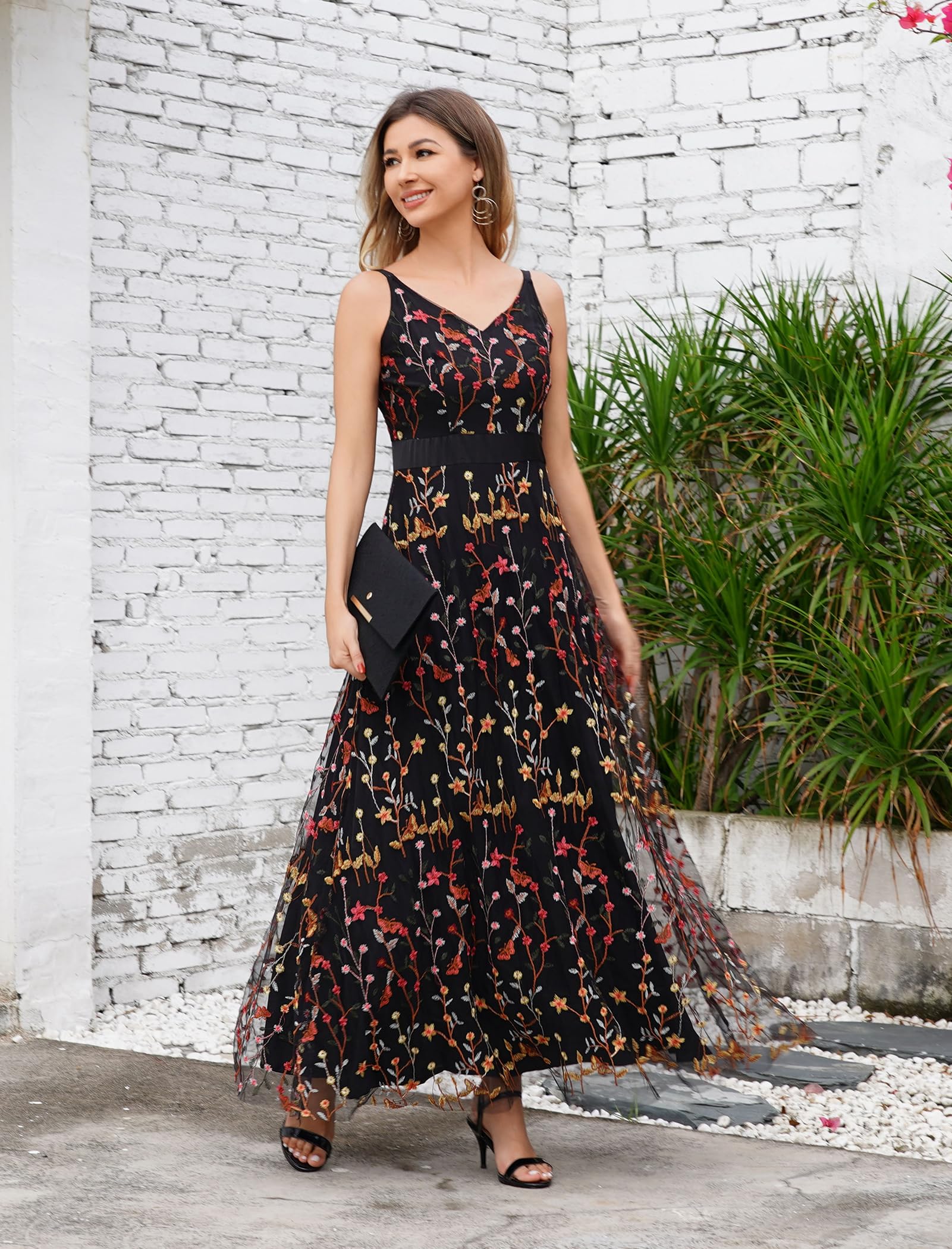 Elegant Long Floral Embroidered Maxi Dress for Women - Spaghetti Strap Formal Evening Gown with Tulle Skirt | Perfect for Prom, Wedding Guest, Cocktail Party & Special Occasions