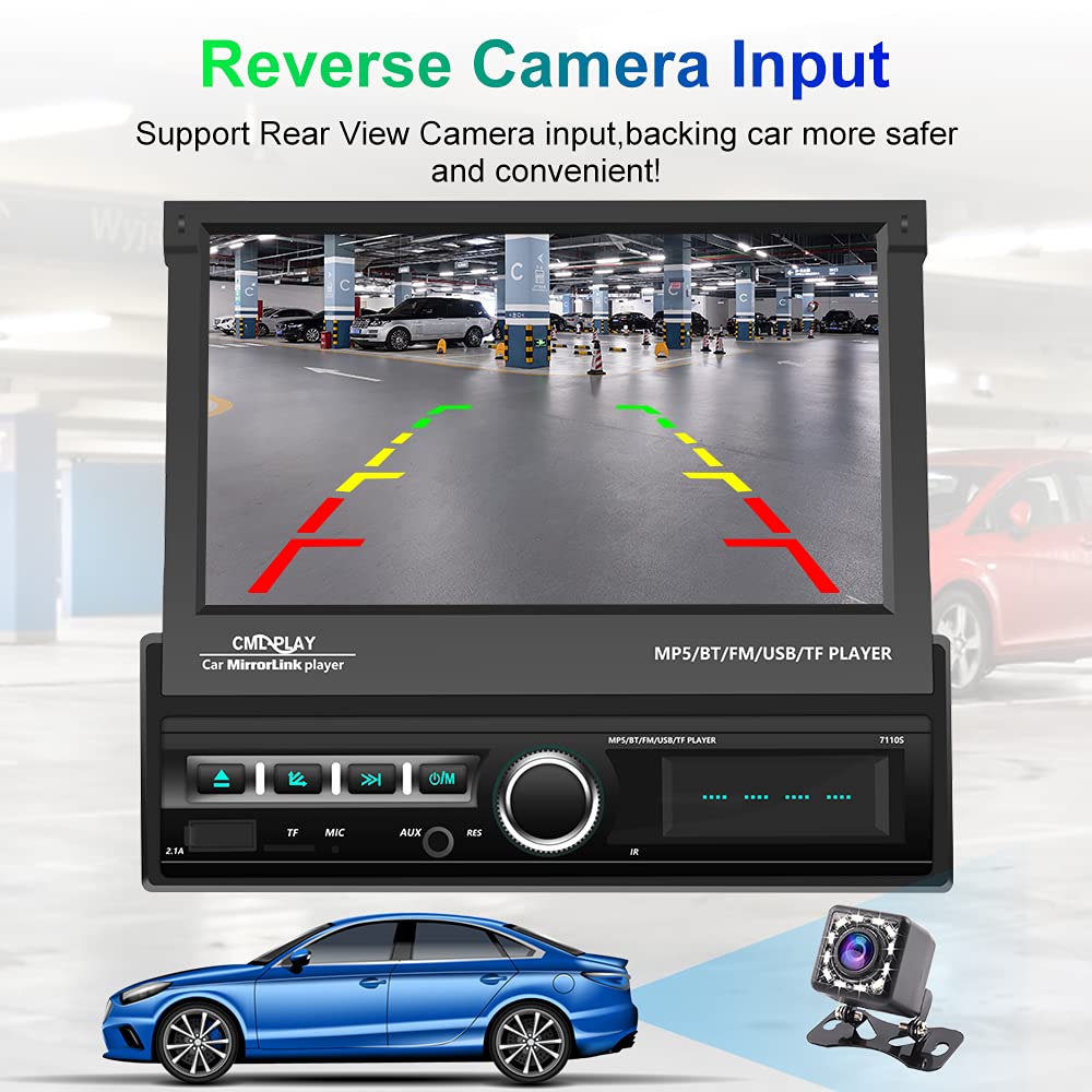 Hikity 7 Inch Single Din Touchscreen Car Stereo with Flip Out Screen - Bluetooth, FM Radio, Mirror Link, USB/TF/AUX Input, EQ, SWC & Backup Camera | Perfect for Car Audio Upgrade & Hands-Free Driving
