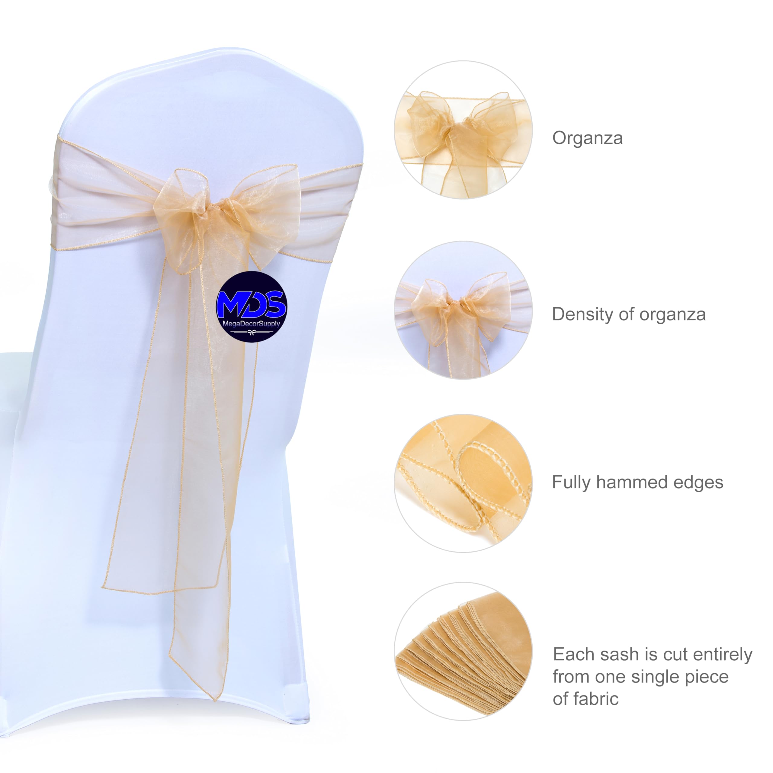 50 Pack Champagne Gold Organza Chair Sashes - Elegant Wedding Reception Decor, Banquet Chair Bows, Restaurant Dining Chair Covers & Party Supplies - Perfect for Weddings, Bridal Showers, Banquets and Special Events