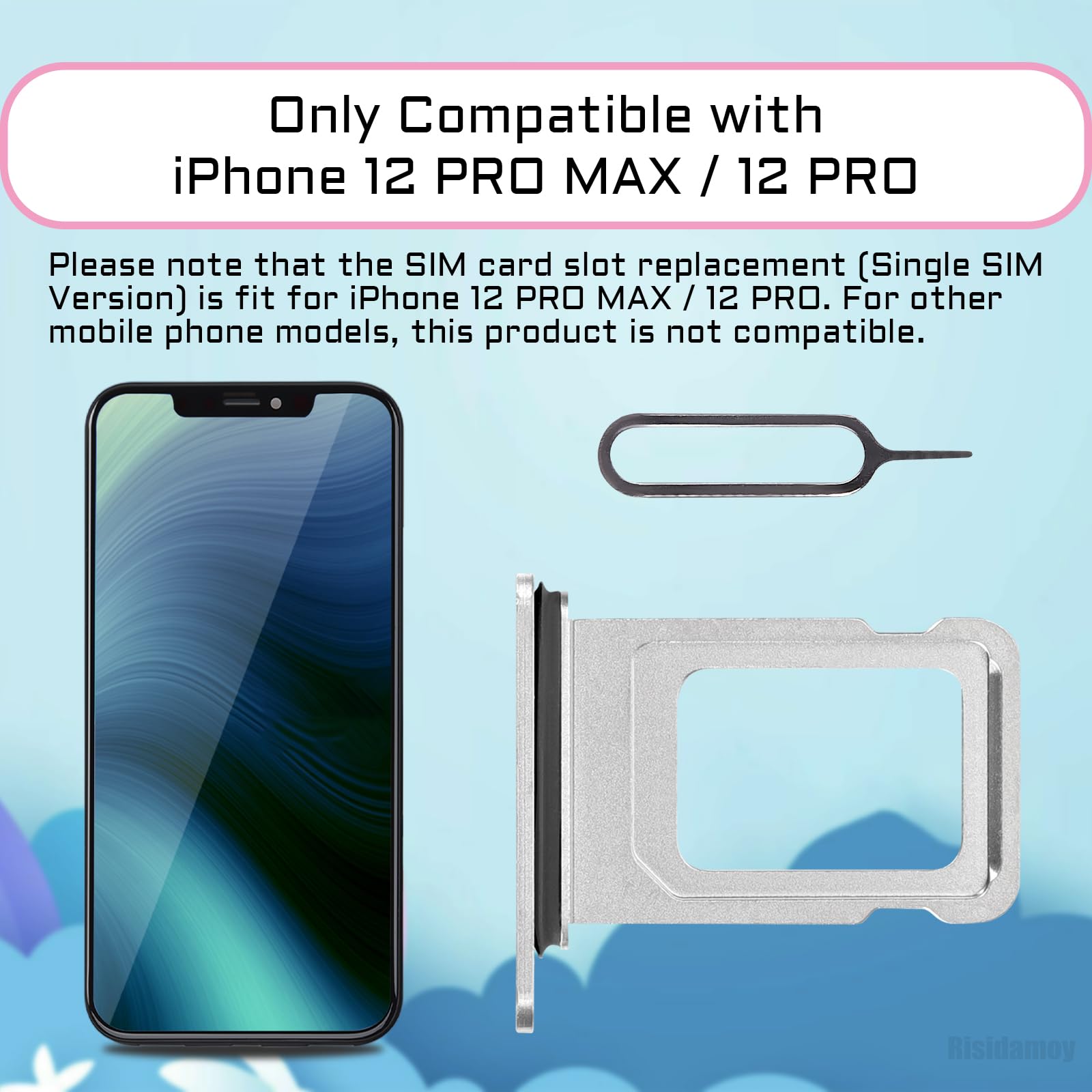 Original iPhone 12 Pro Max SIM Card Slot Replacement - Silver Single SIM Tray Holder with Waterproof Rubber Ring & Ejector Tool for A2342 A2410 A2411 A2412 Models | Perfect for DIY Repairs & Water Resistance Protection