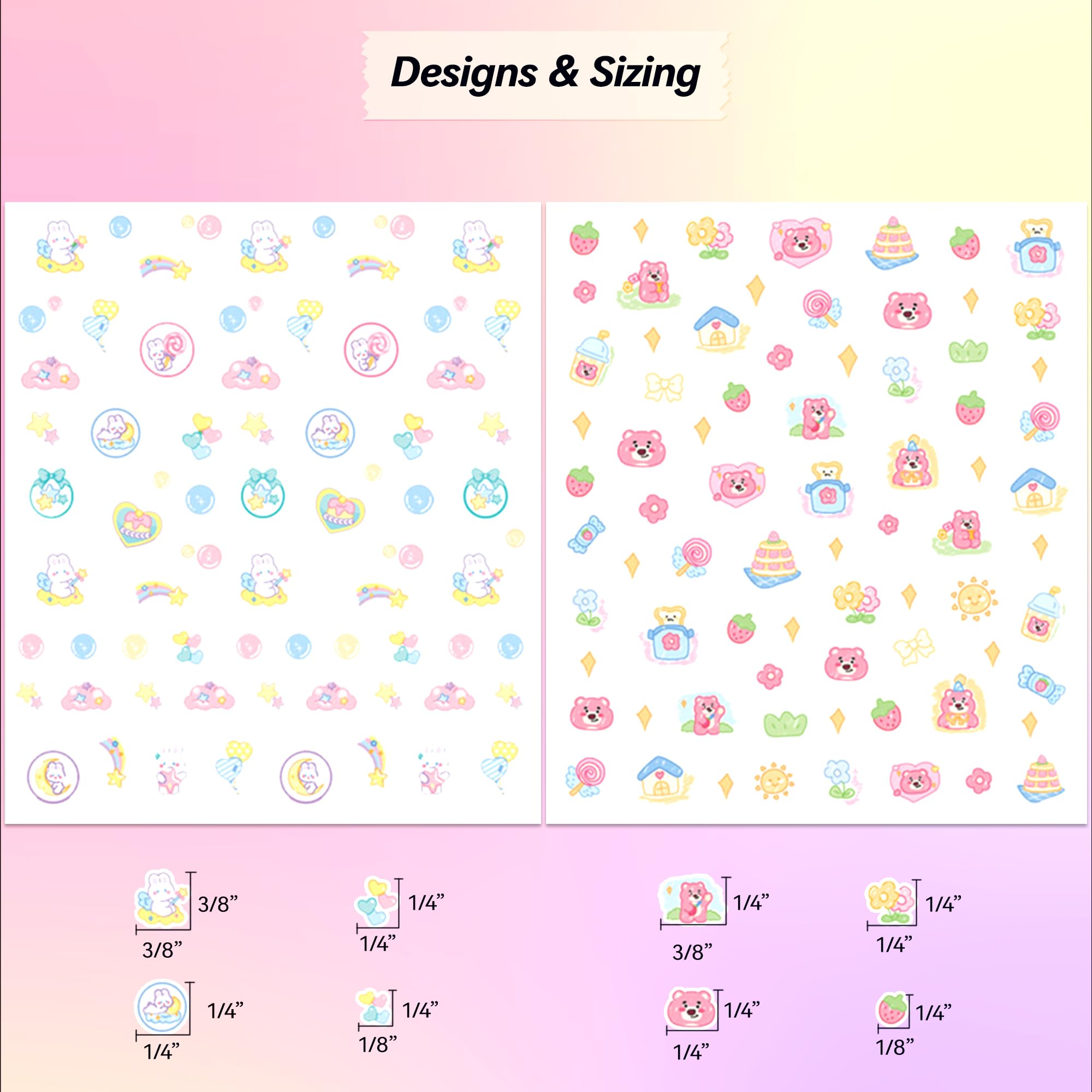 4 Sheets of 3D Nail Stickers - 274 Cute Nail Art Decals for Kids | Embossed Kawaii Nail Stickers with Stars, Hearts, Bunny, Pink Bear, Puppy & Cats | Glow in The Dark Nail Stickers for Girls' Birthday Parties & Sleepovers