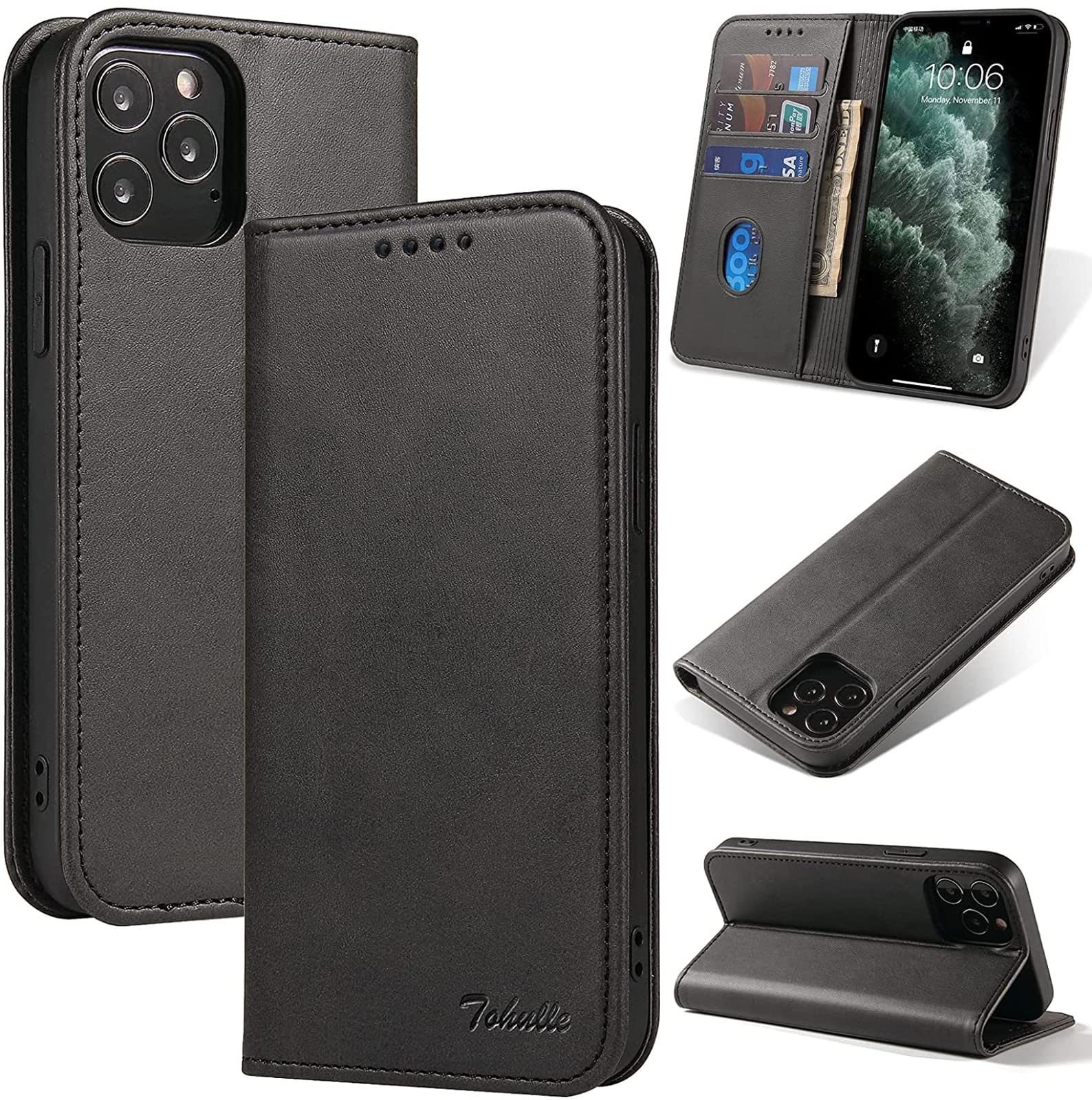 Premium PU Leather Wallet Case for iPhone 13 Pro Max - Built-in Card Holder & Kickstand, Magnetic Closure Flip Folio Cover (Black) | Perfect for Business, Travel & Everyday Protection