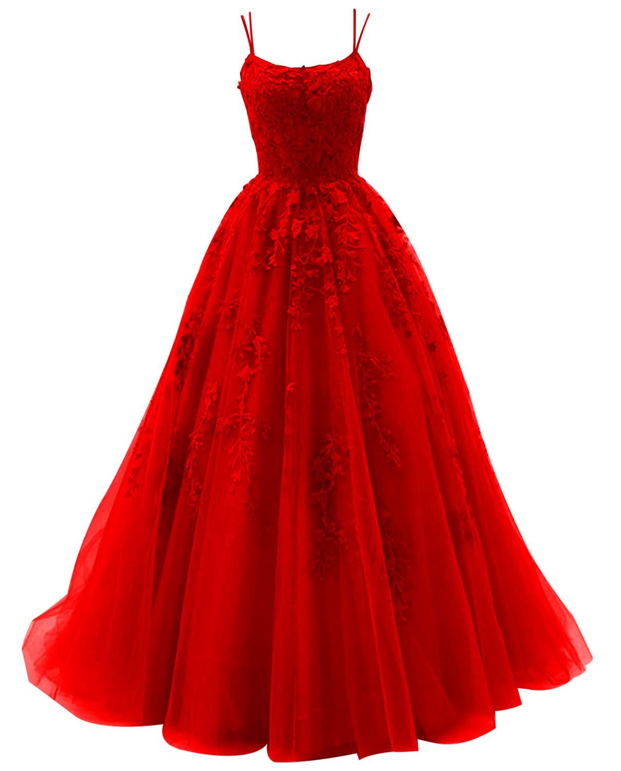 Elegant Tulle Spaghetti Straps Ball Gown with Lace Appliques - Women's Long Prom Dress for Wedding, Formal Evening & Party | Perfect for Prom Night, Quinceañera & Black Tie Events