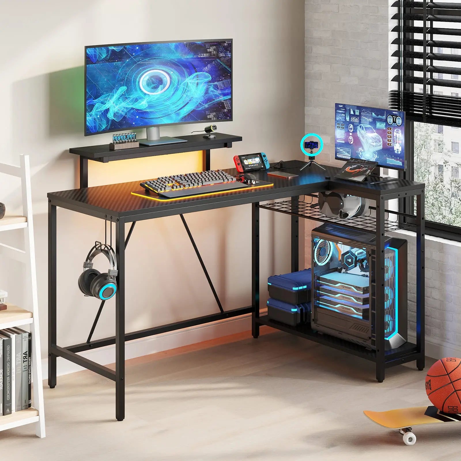 Bestier 52 Inch L-Shaped Gaming Desk with USB Ports & Power Outlets - Ergonomic Computer Desk for Home Office, Streaming Setup & PC Gaming Station
