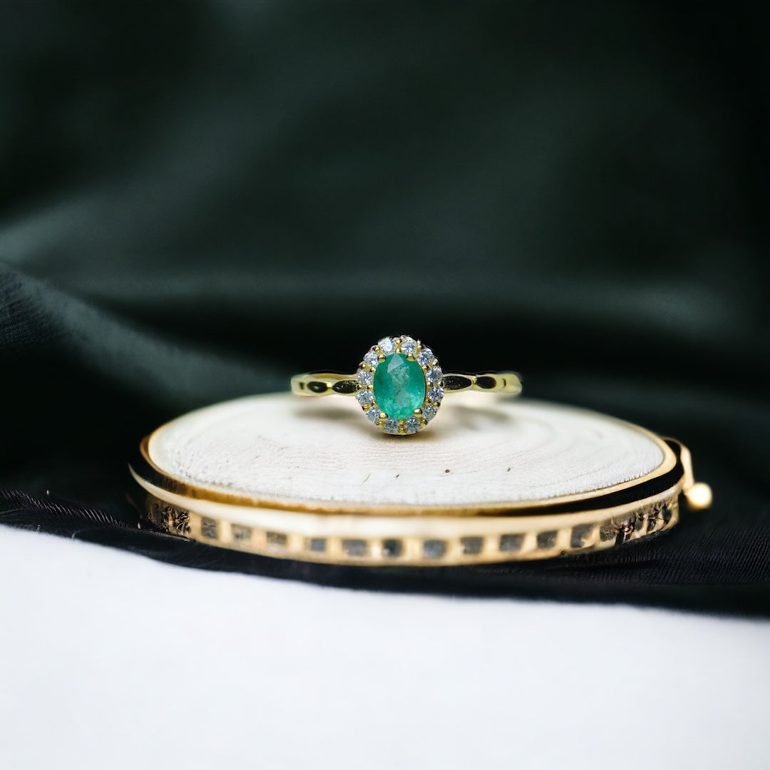 18K Gold Statement Emerald Halo Ring for Women | Elegant Vintage Engagement Wedding Ring | Perfect for Anniversary, Proposal & Special Occasions | NS2402