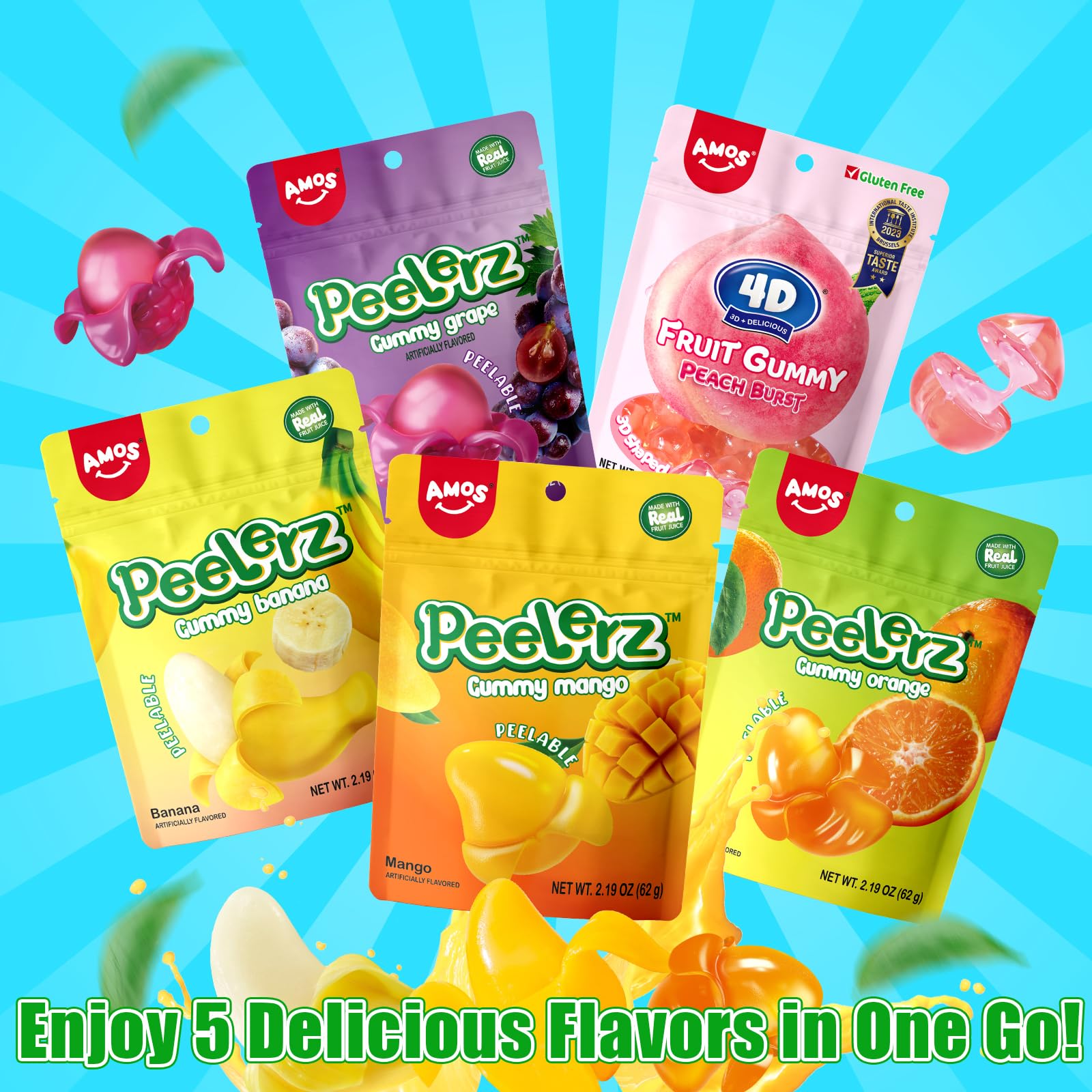AMOS Peelerz Gummy Variety Pack - 5 Pack Assorted Fruit Flavors (Mango, Grape, Orange, Banana) | Peelable Candy for Kids & Adults | Perfect for Birthday Parties, Halloween Treats & Snack Time
