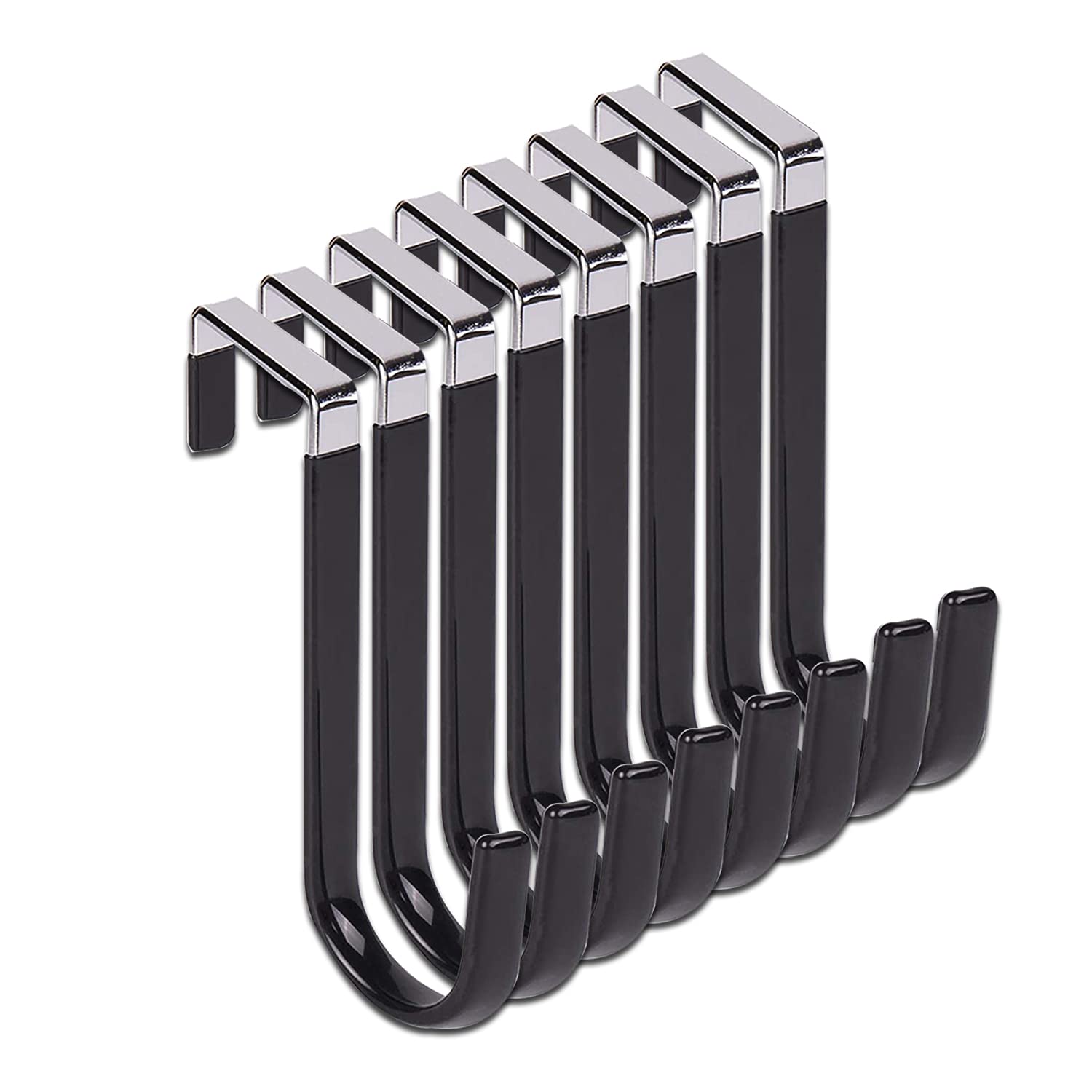 8 Pack Soft Rubber Over Door Hooks - Heavy Duty Bathroom, Kitchen, Bedroom Hooks for Hanging Towels, Clothes, Hats, Bags & More - Space Saving Storage Solution (Black) - Perfect for Small Spaces, Dorms, Apartments & RVs