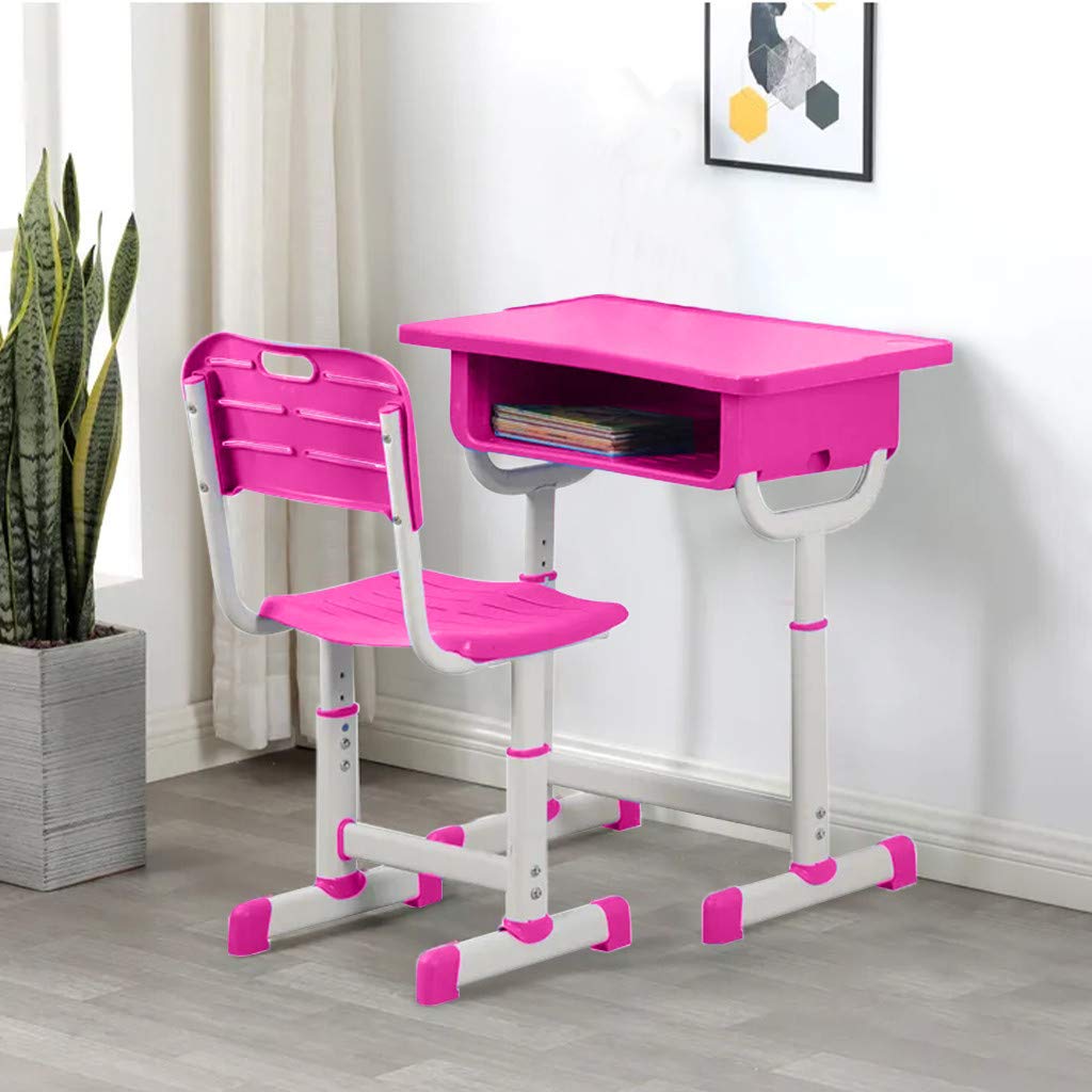 Adjustable Kids Study Desk and Chair Set - Ergonomic Children's Writing Table with Large Storage Drawers, Height Adjustable for Home, School, Bedroom - Perfect for Online Learning & Homework (Pink)【Fast US Shipping】