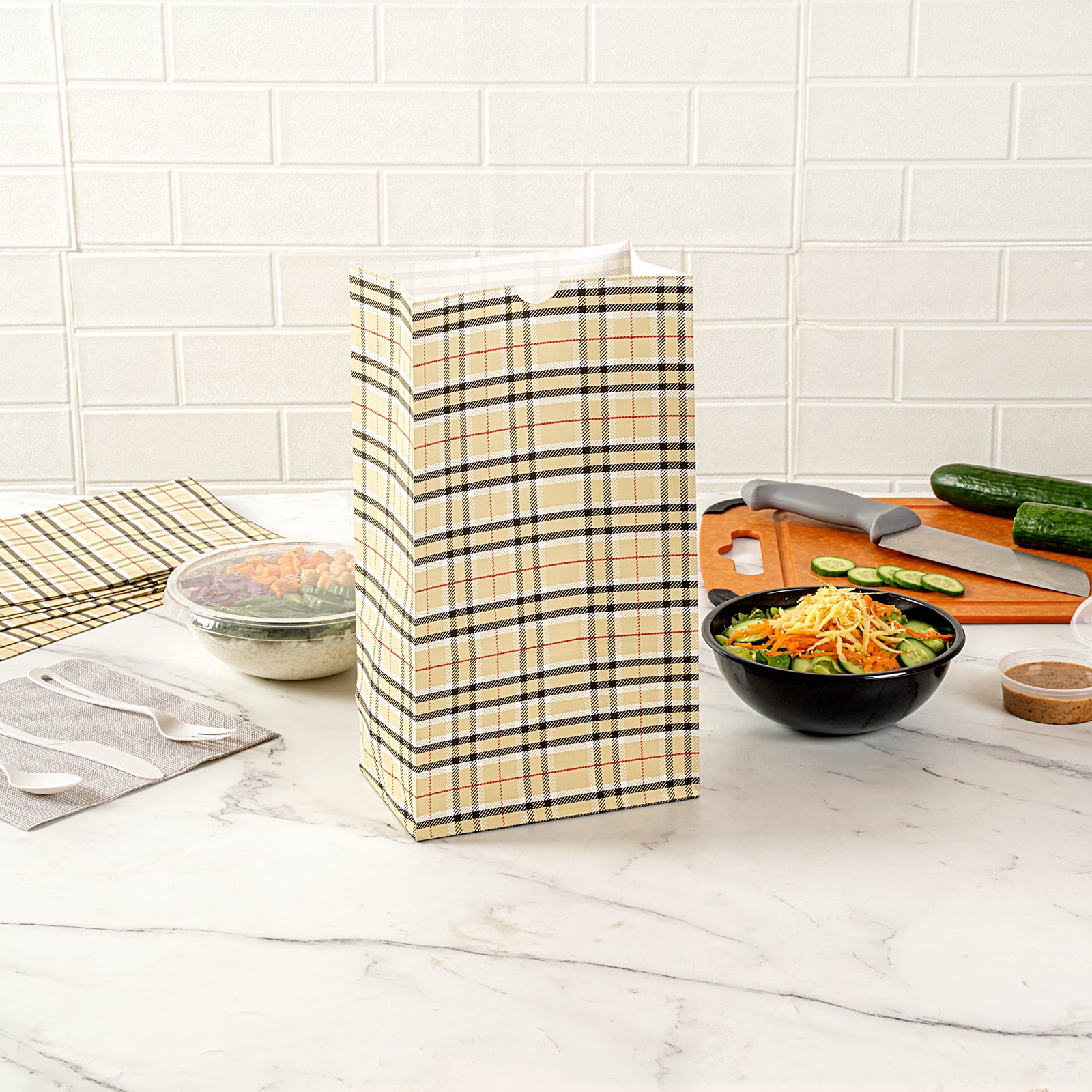 Eco-Friendly Plaid Paper Bags 12 lb - 7 x 4.25 x 12.5 Inches - Pack of 100 - Perfect for Retail Shopping, Gift Wrapping & Party Favors