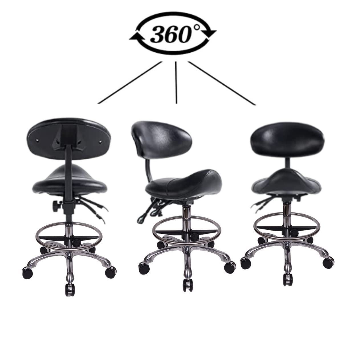 Ergonomic Rolling Saddle Stool with Backrest & Foot Ring - Adjustable Salon Stool for Tattoo Artists, Estheticians, Dentists & Spa Professionals (Black) | Perfect for Facial Treatments, Lash Extensions & Medical Clinics