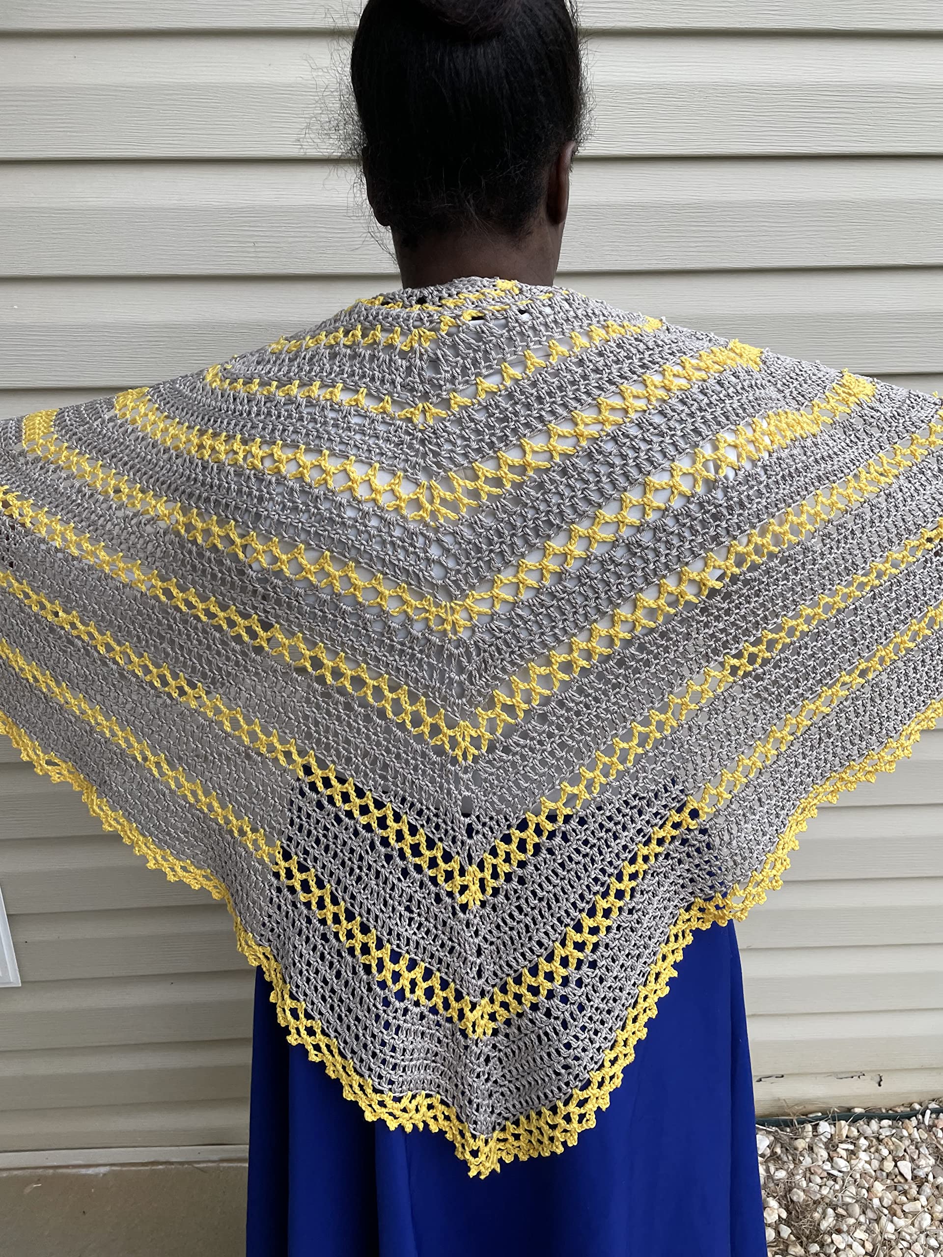 Gray and Yellow Striped Lacy Crochet Shawl - Large Triangle Wrap Scarf with Mesh Lace Design, 100% Pure Cotton - Perfect for Beach Cover-Up, Boho Fashion & Evening Events