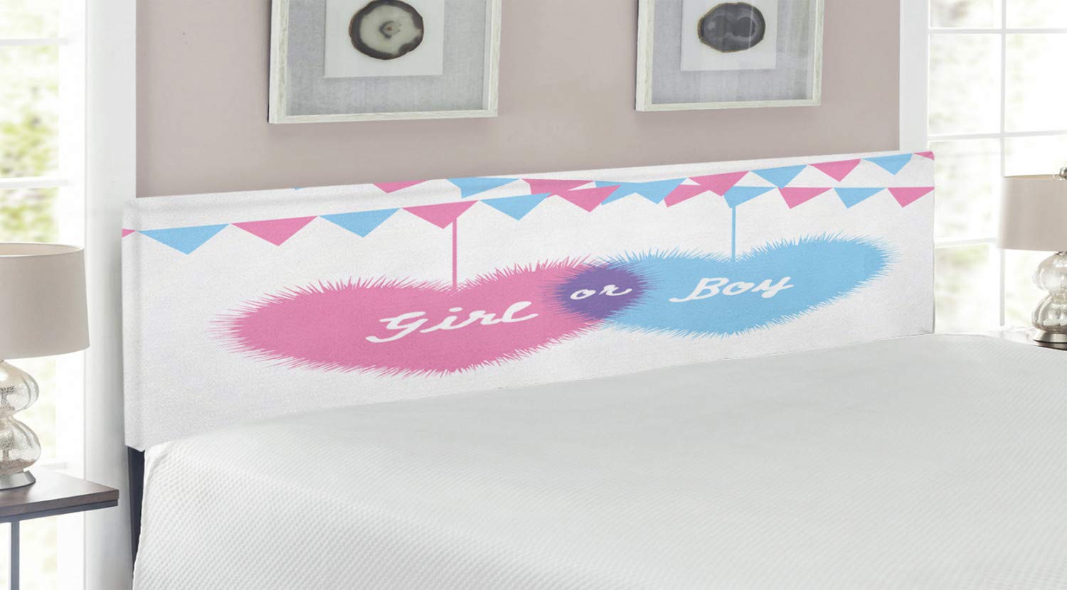 Ambesonne Gender Reveal Headboard - King Size Upholstered Metal Bed Frame with Memory Foam, Pale Pink & Blue Hearts Design for Baby Boy/Girl Nursery Decor | Perfect for Gender Reveal Parties & Nursery Room Setup