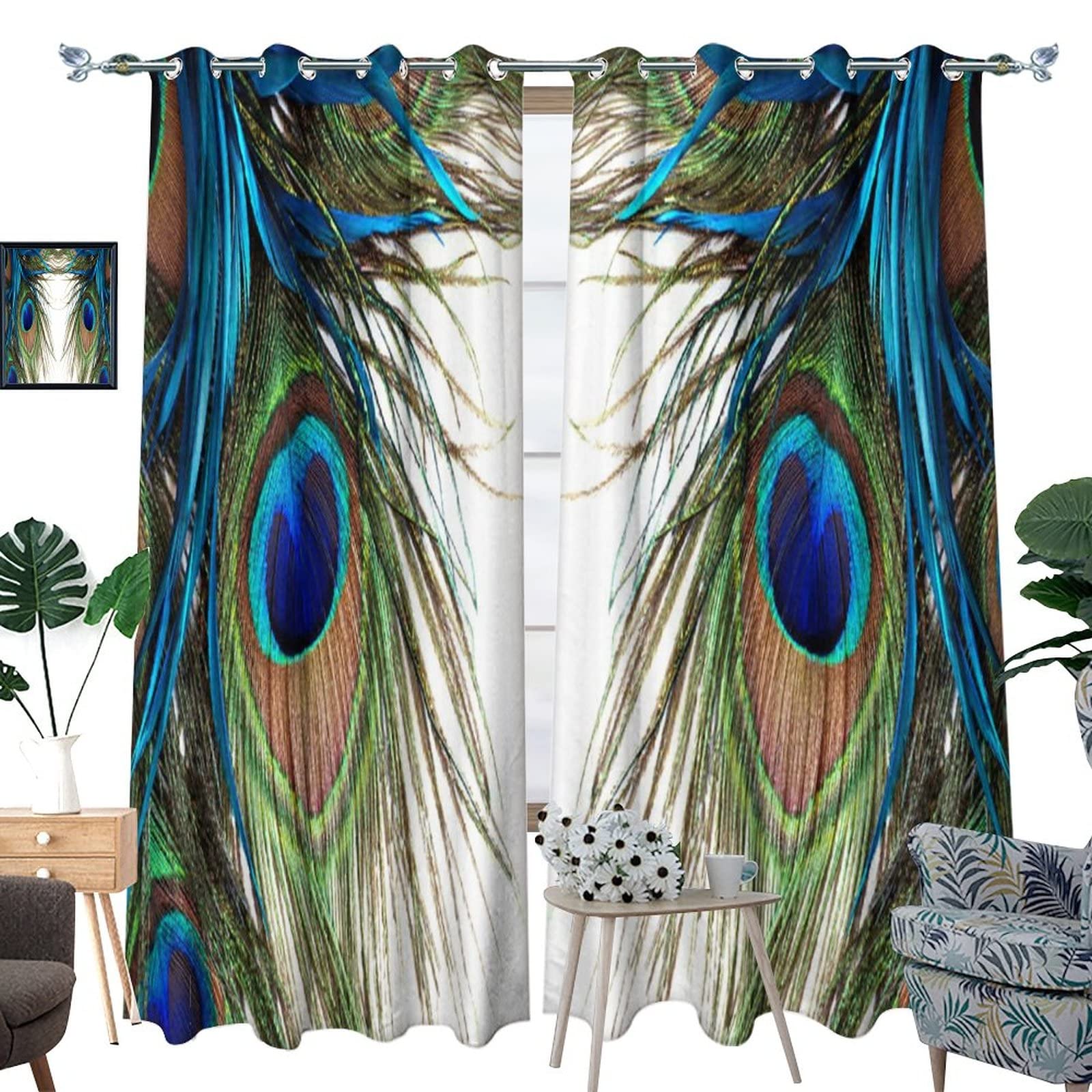 Peacock Blackout Curtains 55x63 Inch - 2 Panels Peacock Feather Print Grommet Window Drapes for Bedroom, Living Room & Kitchen - Light Blocking Thermal Insulated Room Darkening Curtains for Better Sleep & Energy Efficiency