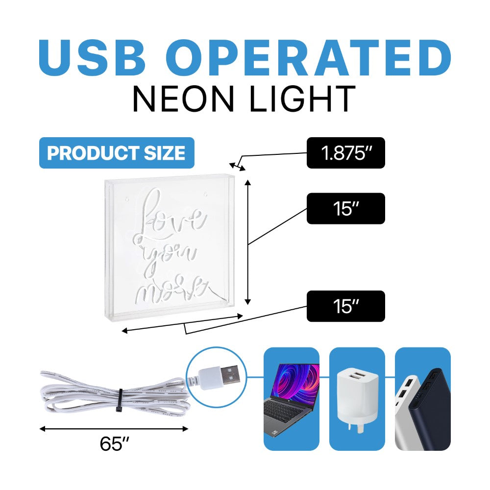 Love You More Square Modern Acrylic LED Neon Sign - USB Powered Wall Decor for Bedroom, Wedding, Anniversary Gifts & Home Decoration