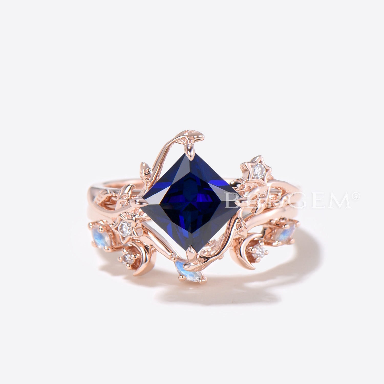 Princess Cut Blue Sapphire Engagement Ring - Moon Leaf Nature Inspired Wedding Band for Women - Perfect for Proposals, Anniversaries & Romantic Occasions