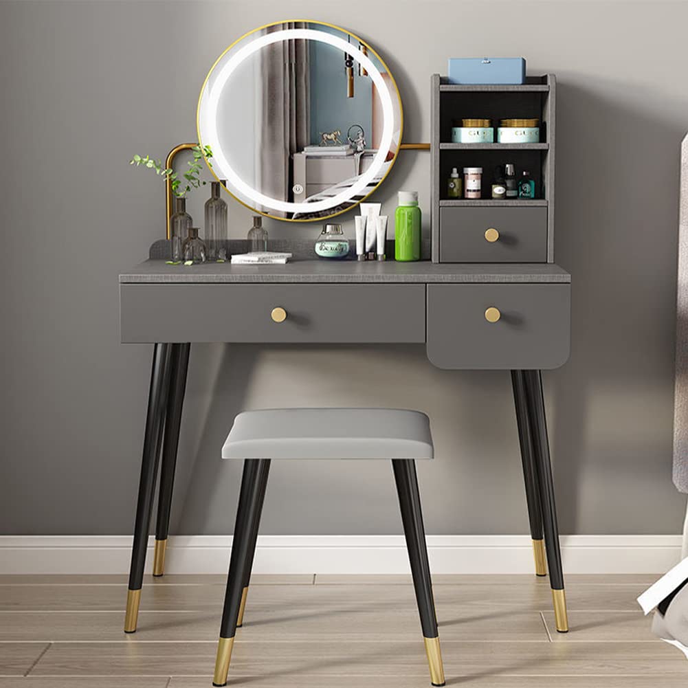 Vanity Set with Mirror & Cushion Stool - 3-Color Dimmable LED Makeup Vanity Desk with Adjustable Brightness, 3 Drawers Dressing Table for Women (31.5