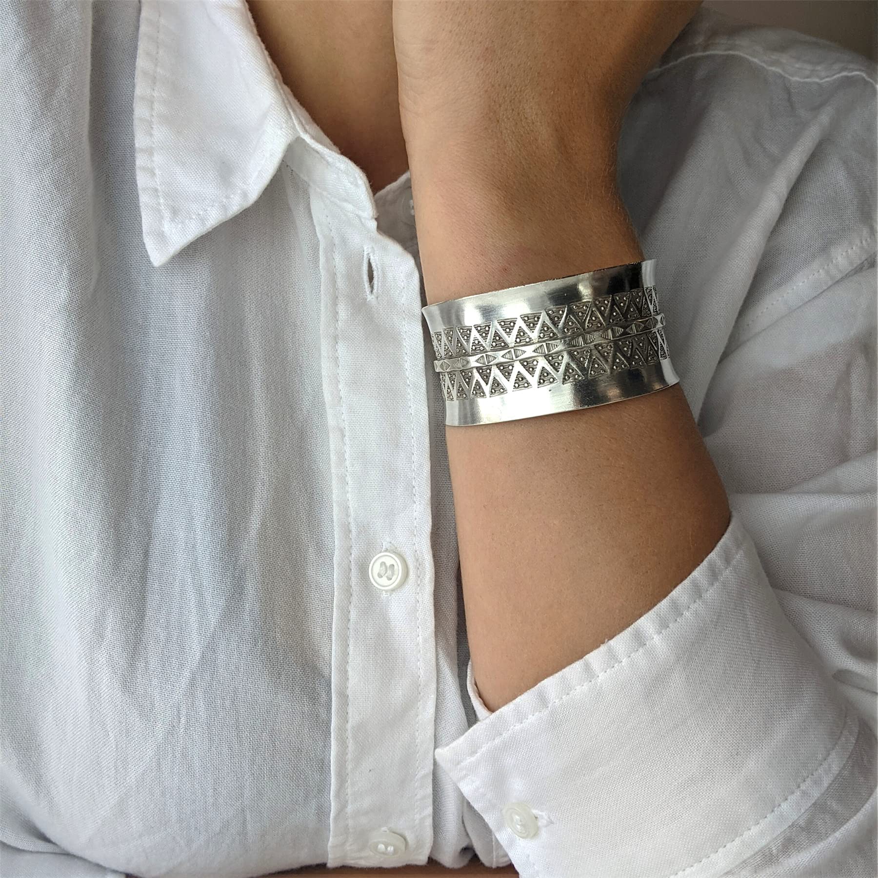 Women's 999 Fine Silver Karen Hill Tribe Triangle Print Adjustable Bangle Bracelet - Perfect for Boho Fashion, Gift Giving & Special Occasions