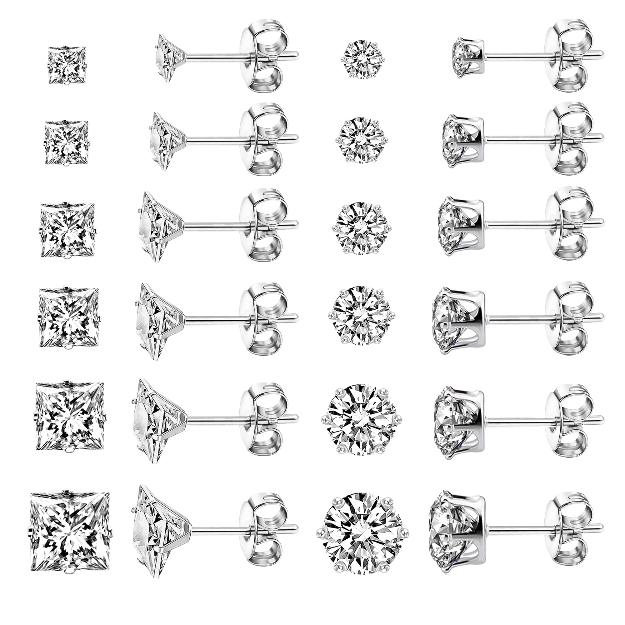 Hypoallergenic Stainless Steel Stud Earrings for Women & Men - Cubic Zirconia Silver Earrings Set Multipack | Perfect for Daily Wear, Gifts & Special Occasions
