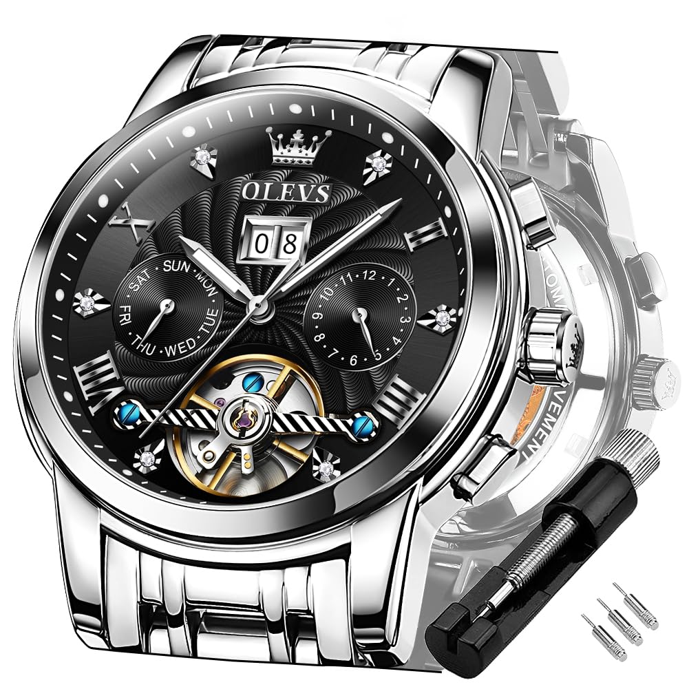 OLEVS Men's Automatic Self-Winding Tourbillon Watch - Luxury Stainless Steel Dress Watch with Luminous Hands & Waterproof Design - Perfect for Business, Formal Events & Everyday Wear