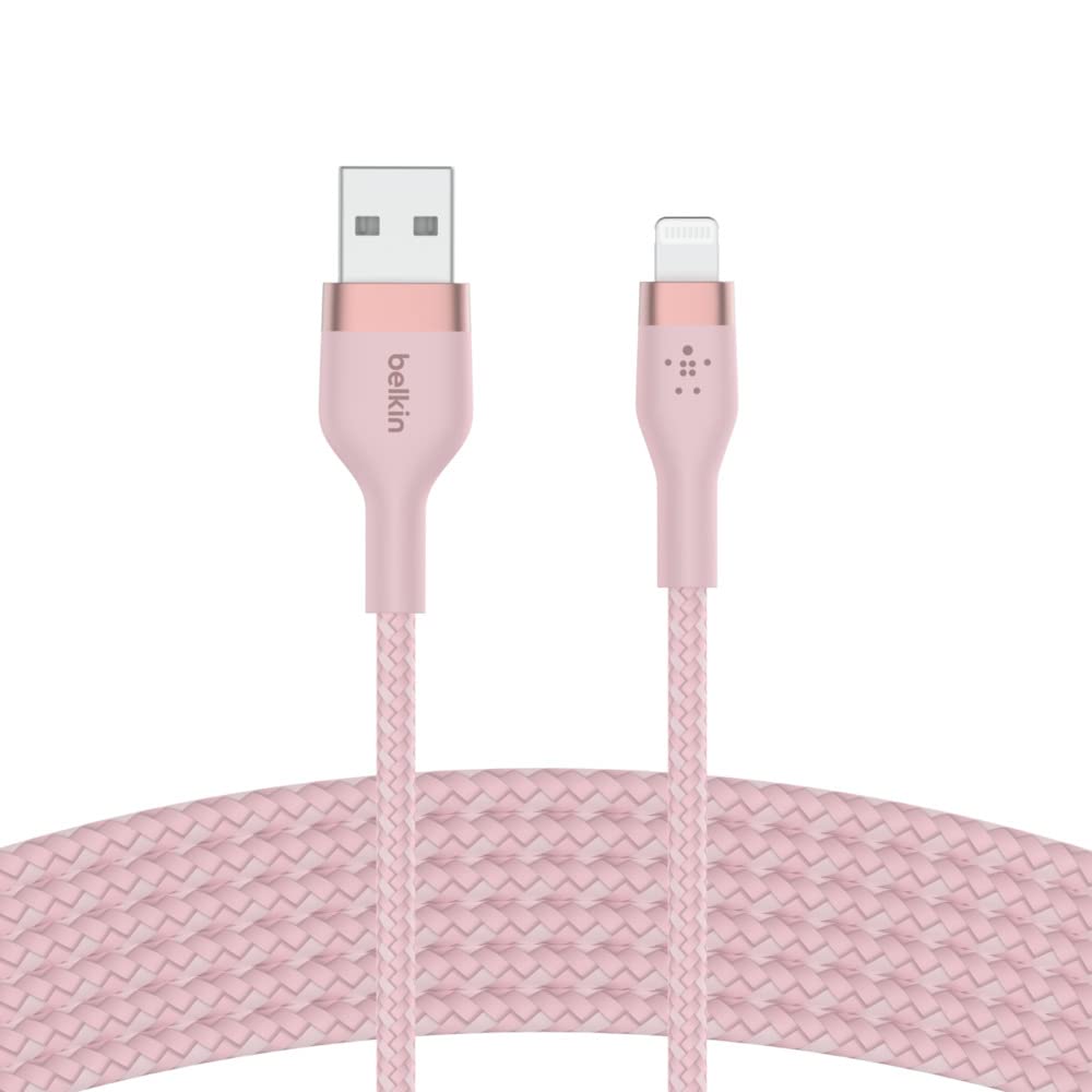 Belkin BoostCharge Pro Flex Braided USB to Lightning Cable 10FT (3M) - MFi Certified Fast Charging Cord for iPhone 14/13/12/11/Pro/Max/Mini/SE, iPad - Durable Nylon & Flexible Design (Pink) - Perfect for Home, Office & Travel Charging