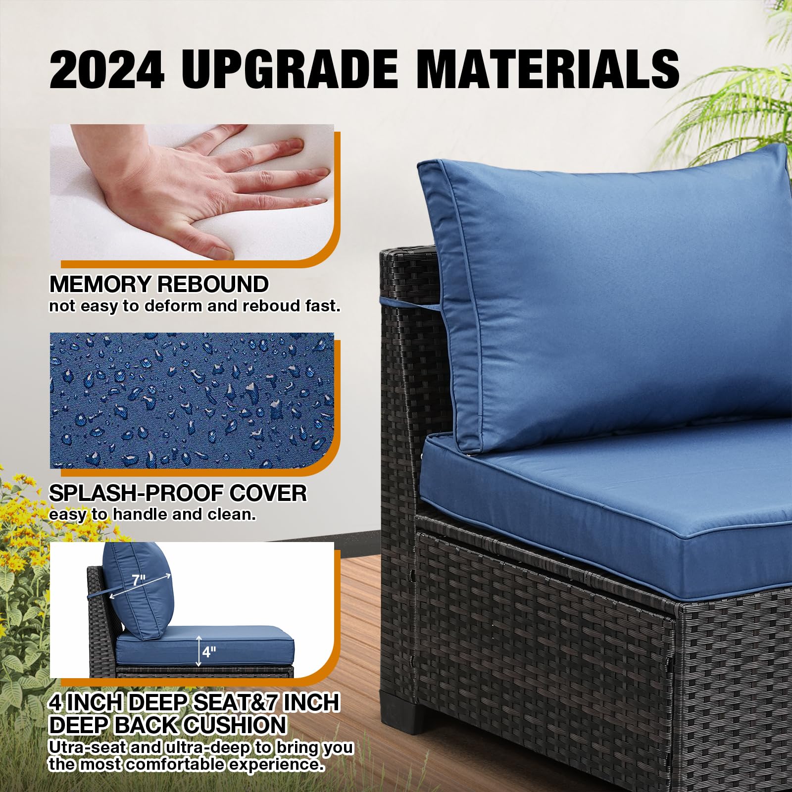 5-Piece All-Weather Outdoor Wicker Patio Furniture Set - Navy Rattan Sectional Sofa with Cushions, Glass Coffee Table & Ottoman - Perfect for Porch, Poolside, Garden or Backyard Relaxation