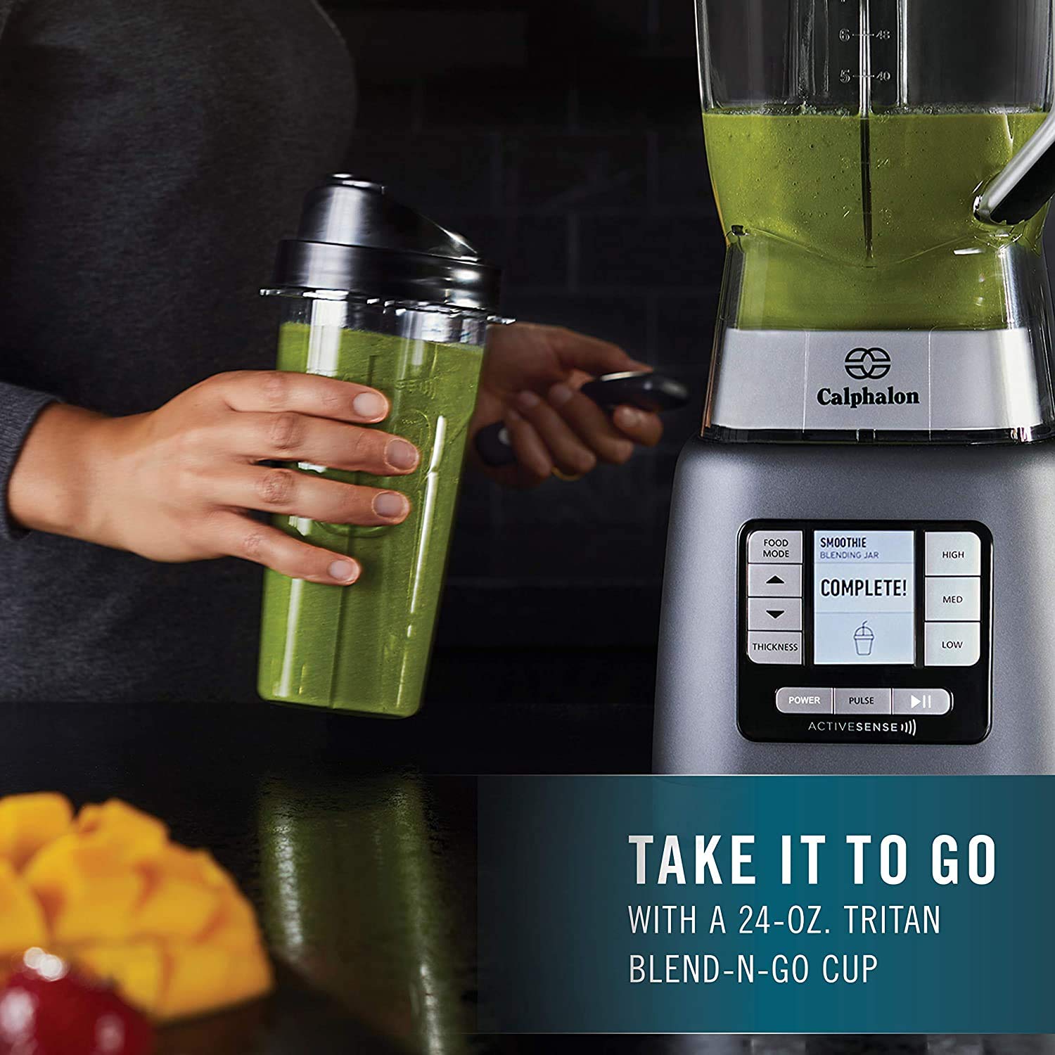 Calphalon 1200-Watt Professional Blender with 24-Oz Portable Blend-n-Go Cup | Dark Stainless Steel | Perfect for Smoothies, Protein Shakes & Meal Prep | Ideal for Home Kitchen, Gym & Office Use
