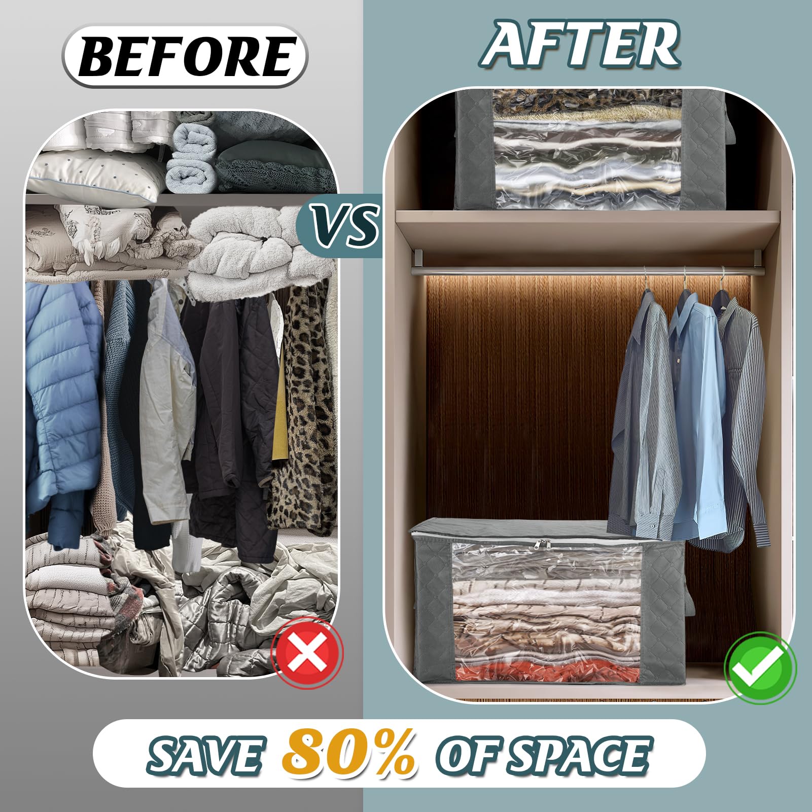 Vacuum Storage Bags with Storage Totes - 6Pcs Large Capacity Space Saver Bags for Clothes, Comforters, Blankets & Pillows | Airtight Compression Seal Organizers | Gray | Perfect for Seasonal Storage & Travel Packing