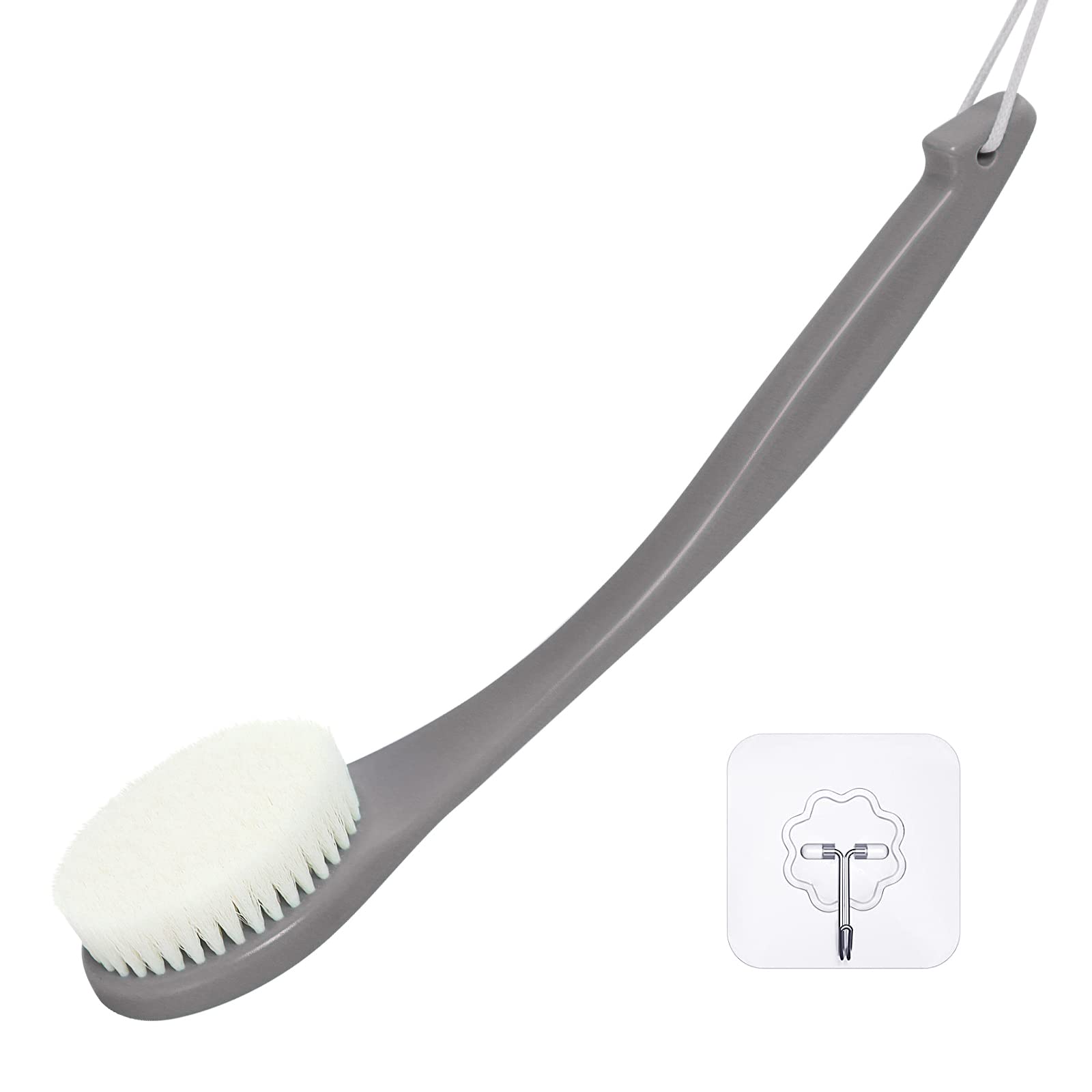 Exfoliating Shower Brush with Long Handle - Bath & Body Brush for Dry & Wet Brushing - Mold-Resistant Back with Moderate Bristles (Grey) - Perfect for Exfoliation, Lymphatic Drainage & Spa-Like Shower Experience