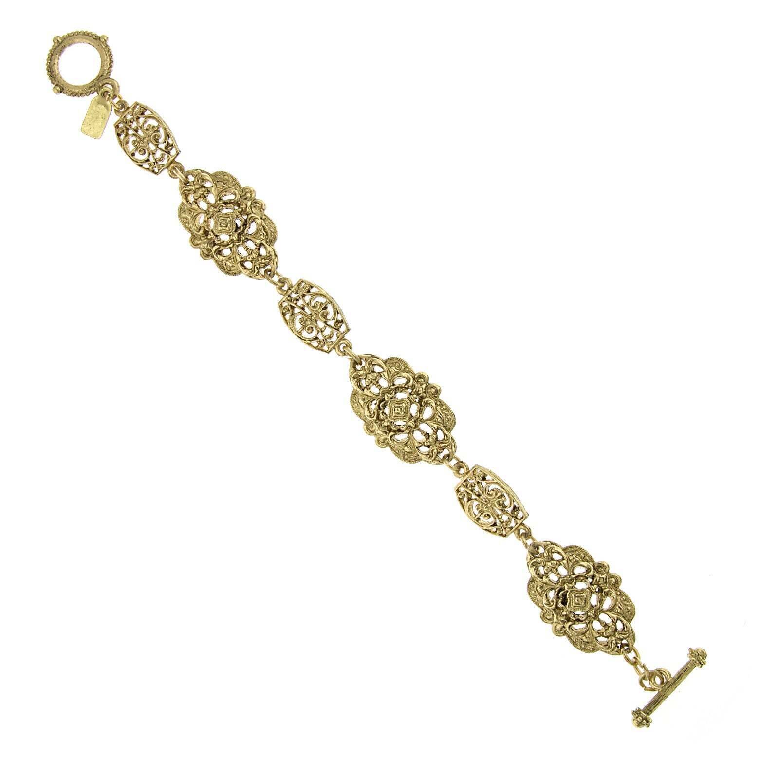Vintage 1928 Gold Art Nouveau Filigree Toggle Link Bracelet - 7.5 Inch Adjustable for Women | Perfect for Weddings, Parties & Special Occasions