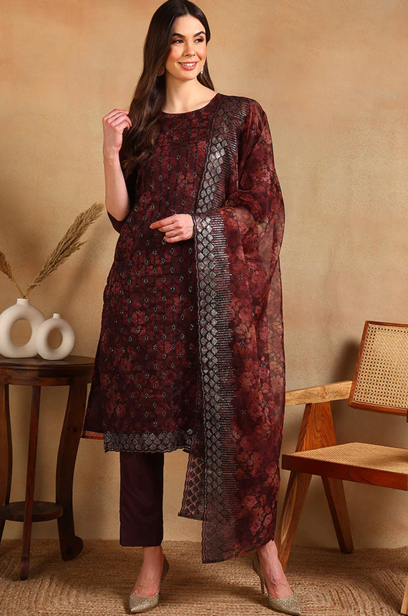 Elegant Brown Organza Straight Suit Set for Women - Formal Office Wear & Special Occasion Outfit