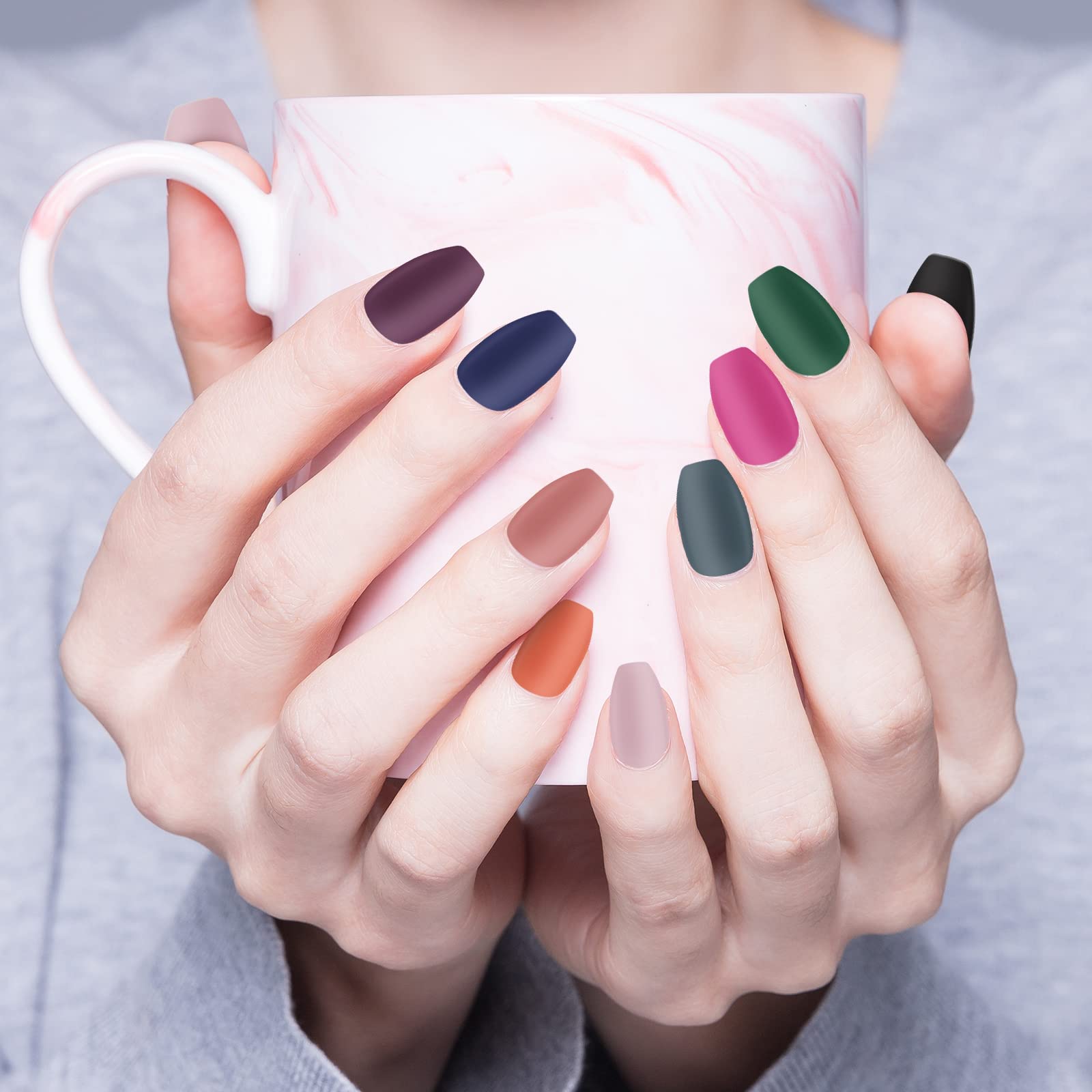 288pcs Matte Acrylic Ballerina Coffin False Nails - 12 Full Cover Sets with Crystal Nail File - Natural Medium Length Press On Nails for Women - Perfect for Parties, Weddings & Daily Wear