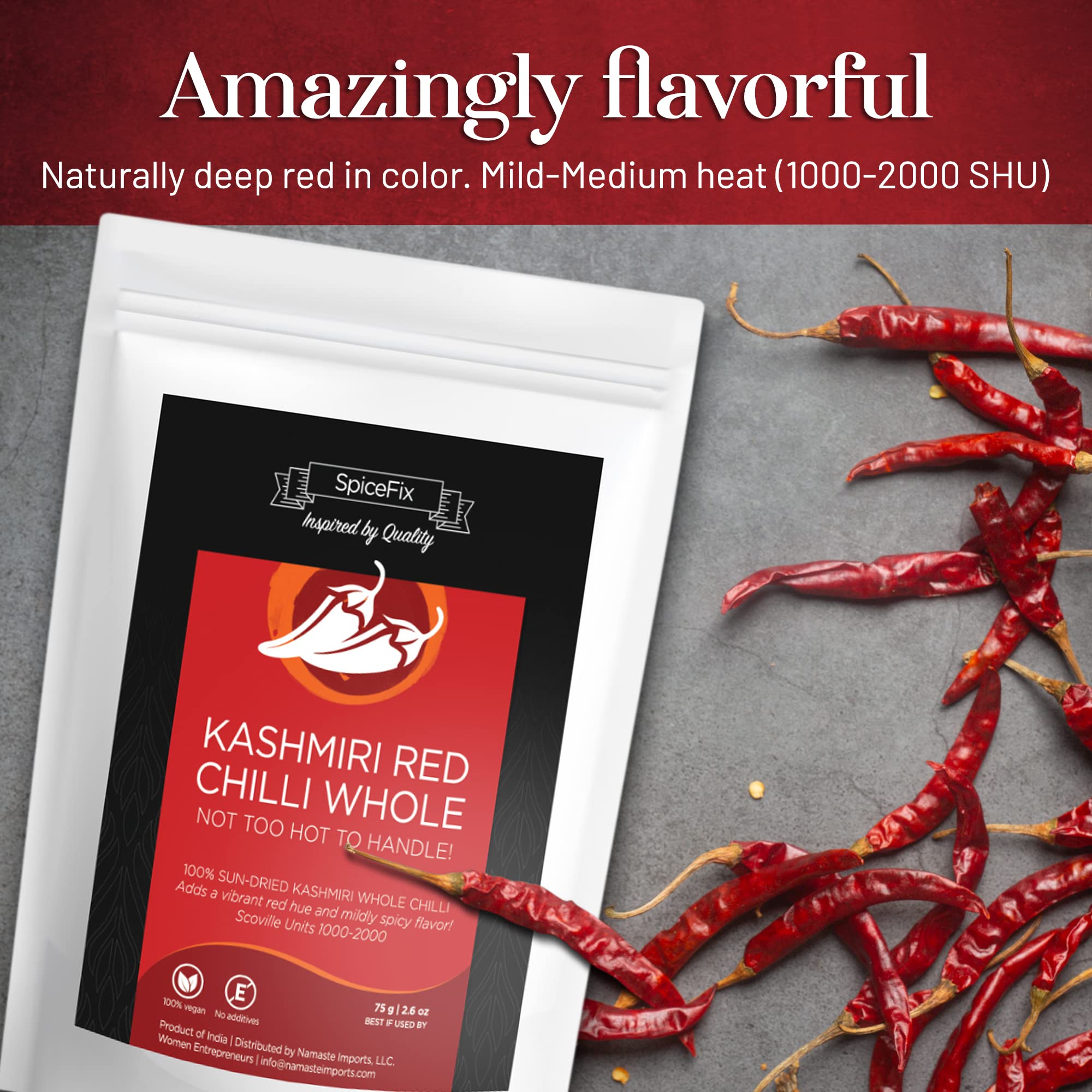 Premium Whole Kashmiri Red Chili Pepper - Mild to Medium Heat, Natural Stemless Dried Chillies | Sun-Dried Indian Red Peppers in Resealable Bag (2.6oz) - Perfect for Curries, Stews & Homemade Spice Blends