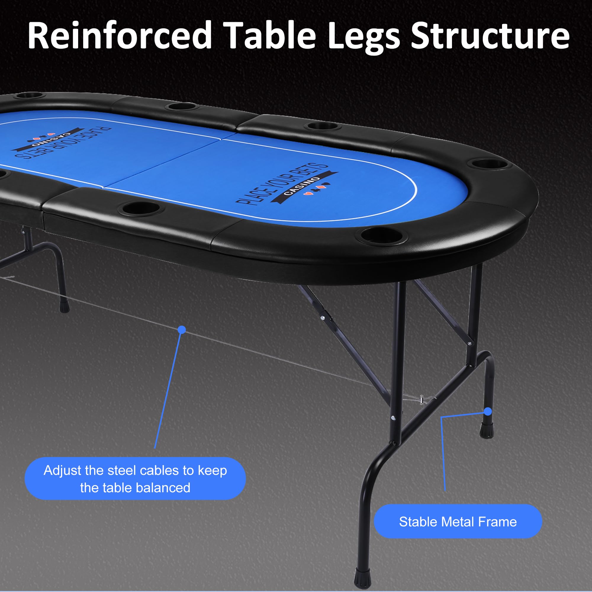 Foldable Poker Table for 8 Players - Texas Holdem, Blackjack & Baccarat Casino Game Table - Portable Folding Card Table in Blue - Perfect for Home Game Nights & Casino Parties