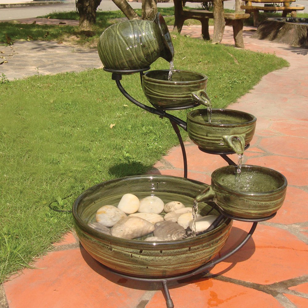 Smart Solar-Powered 4-Tier Ceramic Fountain with 10ft Cable - Elegant Cascading Outdoor Water Feature for Garden, Patio, Yard Decor | Eco-Friendly Solar Garden Fountain for Relaxing Ambience