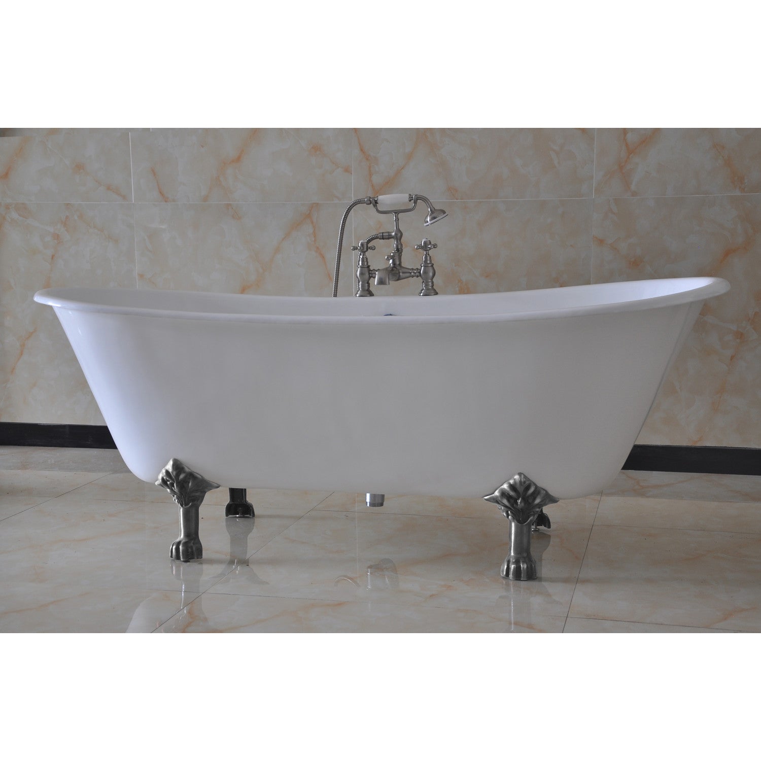Aqua Eden 67 Inch White Cast Iron Oval Double Slipper Clawfoot Bathtub with Polished Chrome Faucet Drillings - Vintage Freestanding Soaking Tub for Luxury Bathroom & Spa Retreat