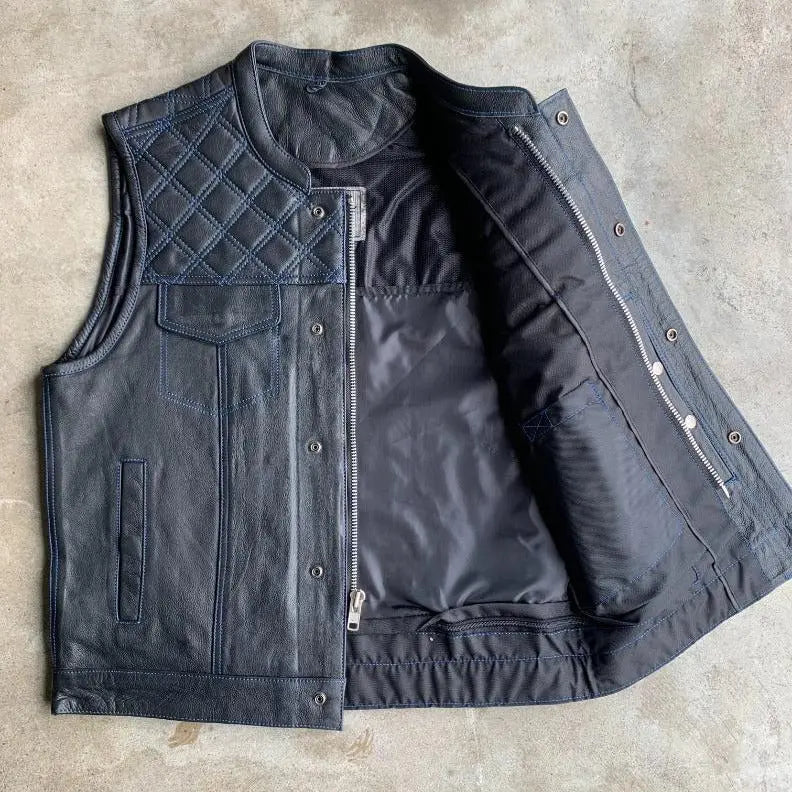 Open Road Men's Upside Leather Vest with Blue Stitched Diamonds - Stylish Biker Jacket for Motorcycle Riding & Casual Outfits