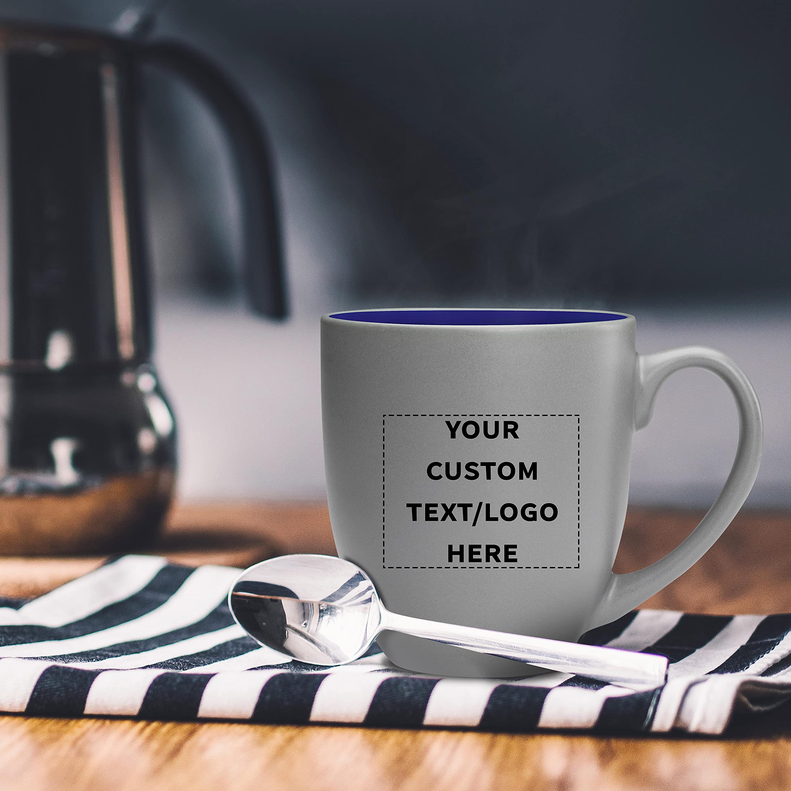 Customized 16oz Two-Tone Coffee Mugs Bulk Set of 50 - Personalized Pop-Out Bistro Mugs for Coffee, Hot Chocolate & Beverages - Blue - Ideal for Cafes, Restaurants, Corporate Gifts & Events