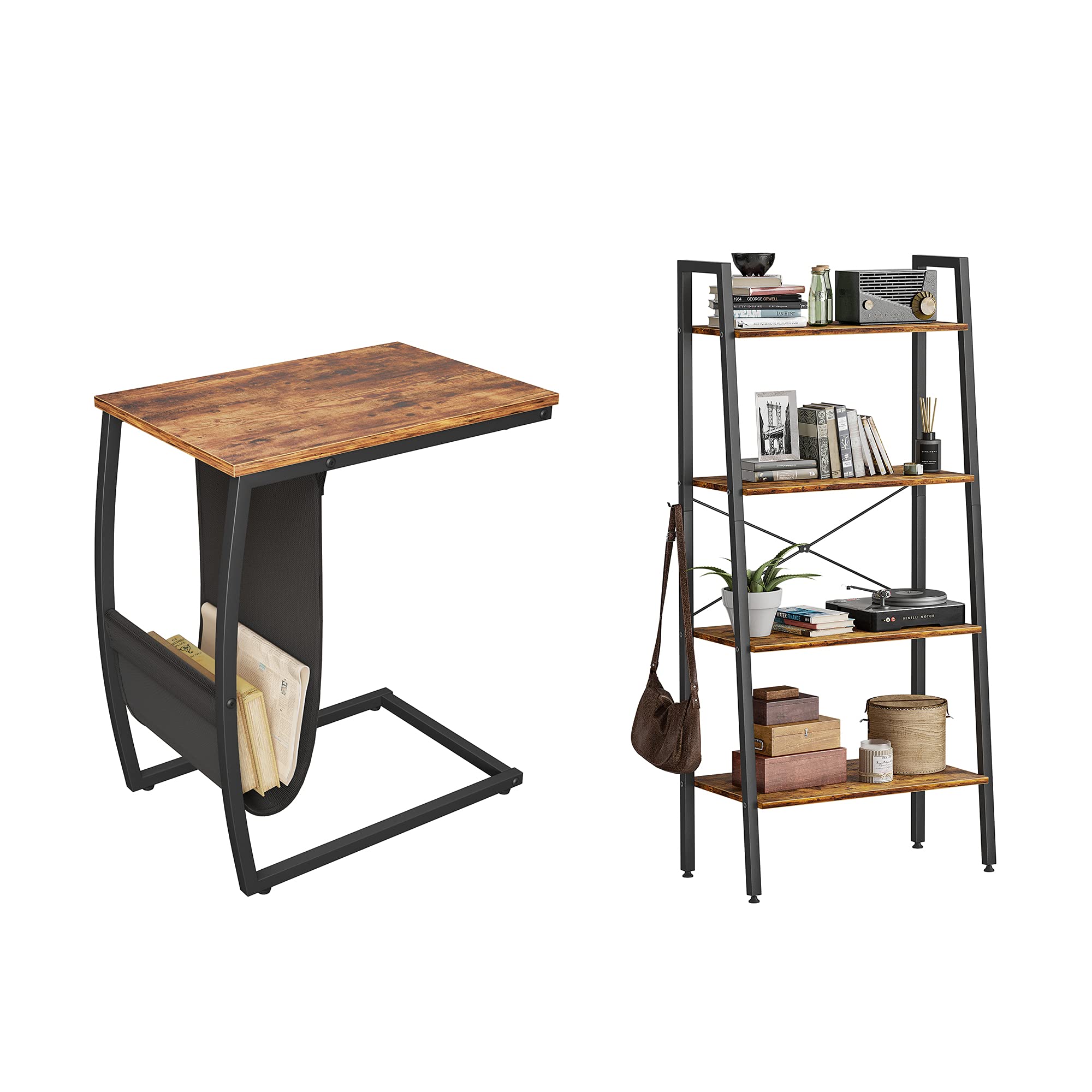 CubiCubi 4-Tier Ladder Shelf with Side Pocket - Multi-Purpose Side Table, Bookshelf, Storage Rack & Plant Stand for Living Room, Bedroom, Office - Compact Space-Saving Furniture for Home Decor