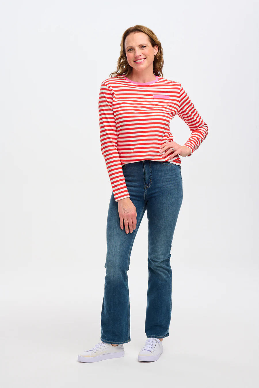 Brunswick Women's Jersey Top - Soft Comfortable Short Sleeve T-Shirt (Red, Off White/Pink Highlight) - Perfect for Casual Wear, Gym & Everyday Outfits