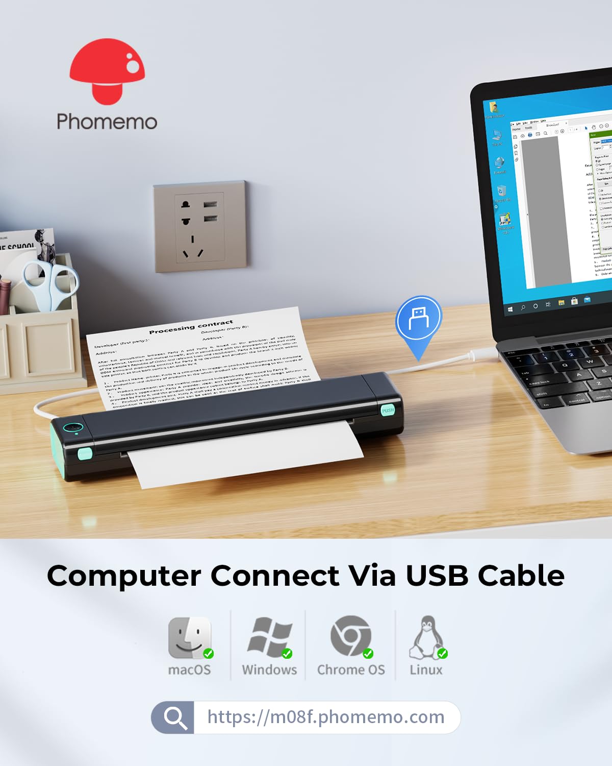 Phomemo M08F Wireless Portable Bluetooth Thermal Printer - Compact No-Ink Printer for Travel & Office, Supports 8.5