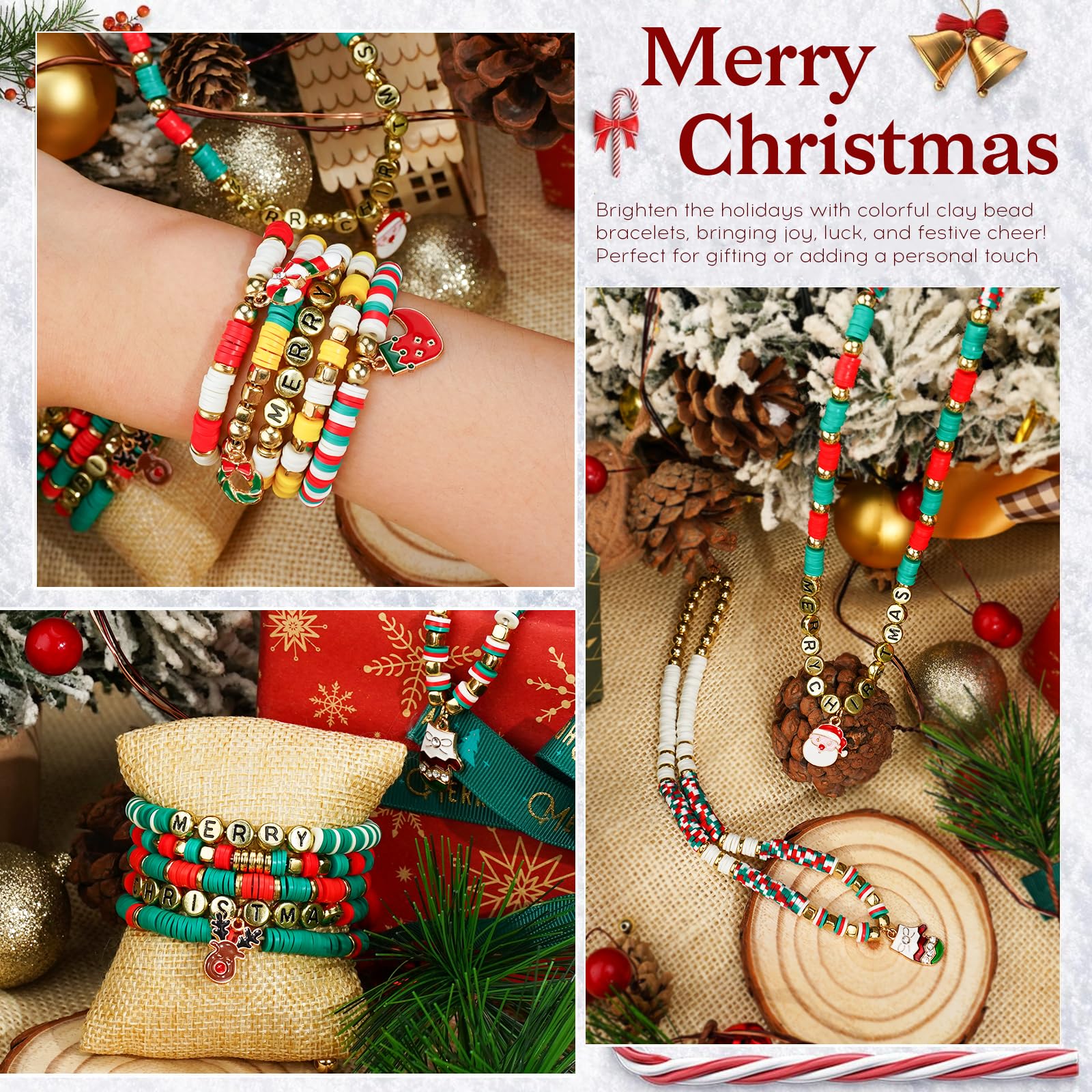 Gionlion Christmas Clay Beads Bracelet Making Kit - Golden Beads & Charms for DIY Jewelry, Christmas Crafts & Decorations - Perfect Holiday Gift for Teen Girls Ages 6-12 (Great for Christmas Parties, Stocking Stuffers & Craft Projects)