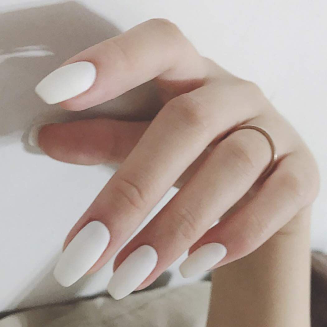 Brishow Matte Coffin False Nails - 24Pcs Ballerina Acrylic Stick on Nails, Full Cover Artificial Nail Tips for Women & Girls (White) | Perfect for Parties, Weddings & Everyday Glam