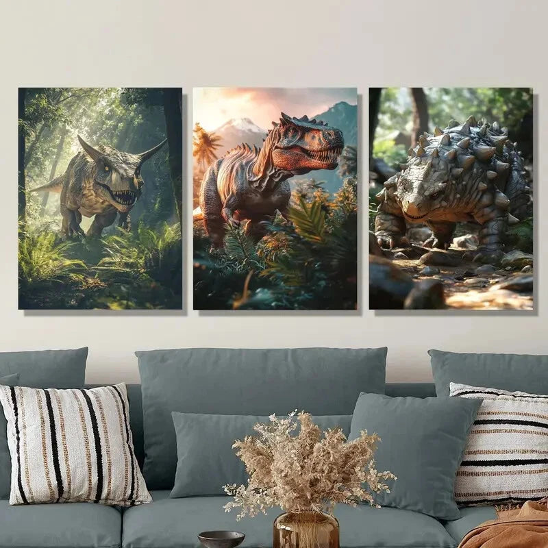 3Pcs Dinosaur in The Jungle Metal Wall Art - Spiked Monster Ready to Hang Canvas Prints - Perfect for Kids Room, Nursery & Dinosaur Themed Decor