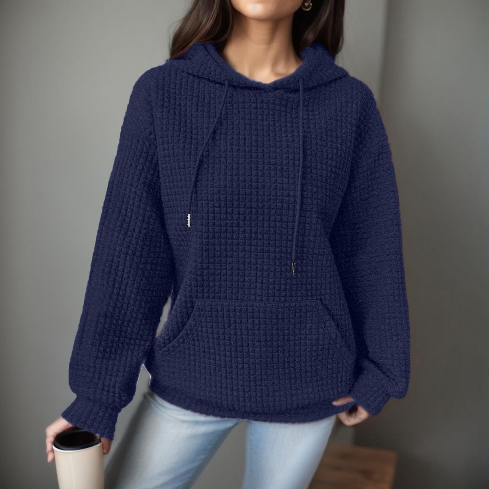 Trendy Women's Waffle Hooded Sweatshirt - Lightweight Long Sleeve Drawstring Pullover Blouse for Casual Wear & Loungewear | Perfect for Fall, Winter & Cozy Outfits