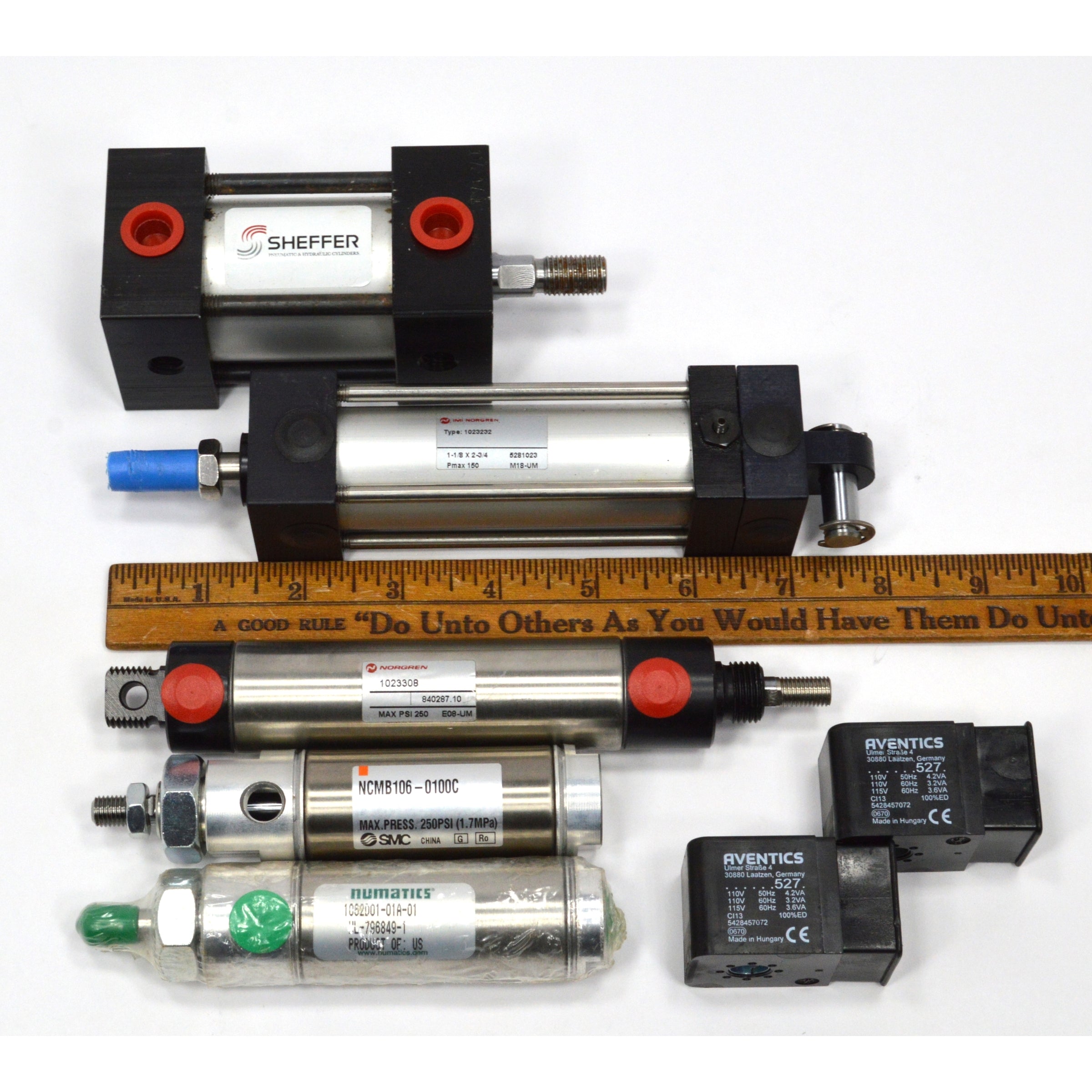New Pneumatic Cylinder Set of 5 Air Cylinders with 2 Valves - Norgren SMC Numatics Compatible for Industrial Automation & Machinery Applications