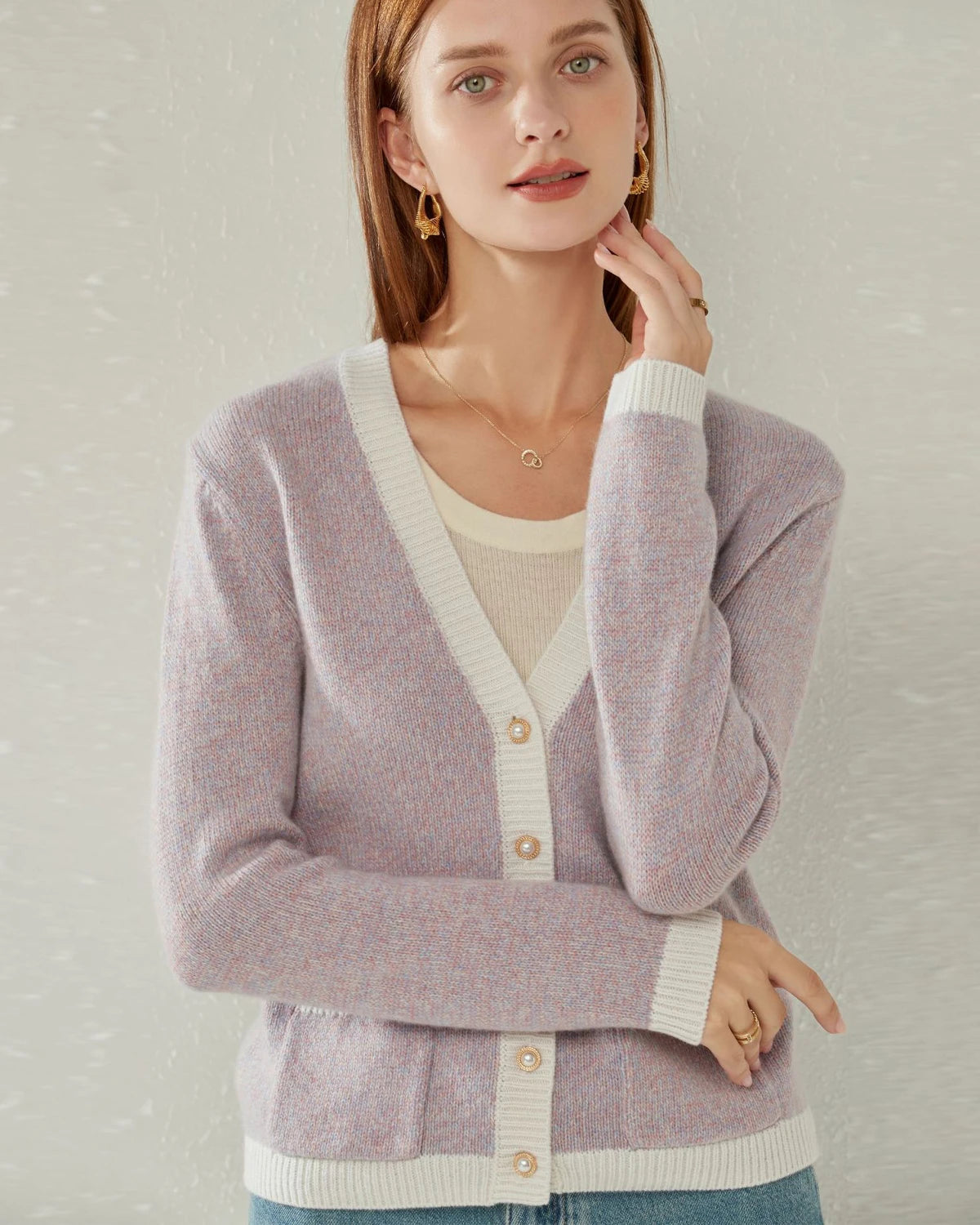Lilac Cashmere Cardigan with Pearl Buttons | Soft Women's Sweater for Fall & Winter | Perfect for Office, Date Night & Cozy Evenings