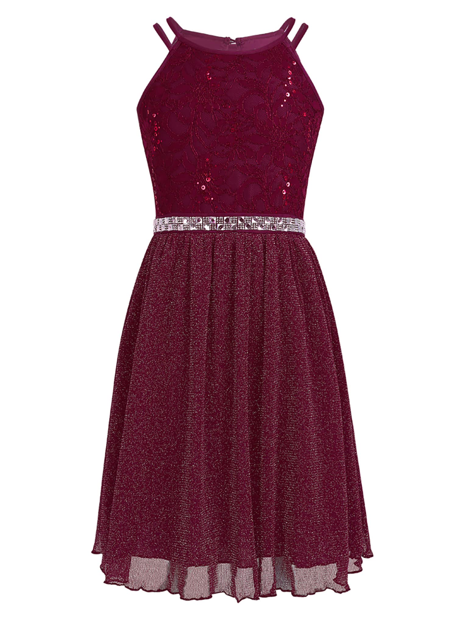 Sparkly Girls Halter Sequins Lace Chiffon Flower Dress for Junior Wedding, Bridesmaid & Prom Party | Elegant Formal Occasion Wear for Teens & Young Adults | Perfect for Special Events, Dances & Celebrations
